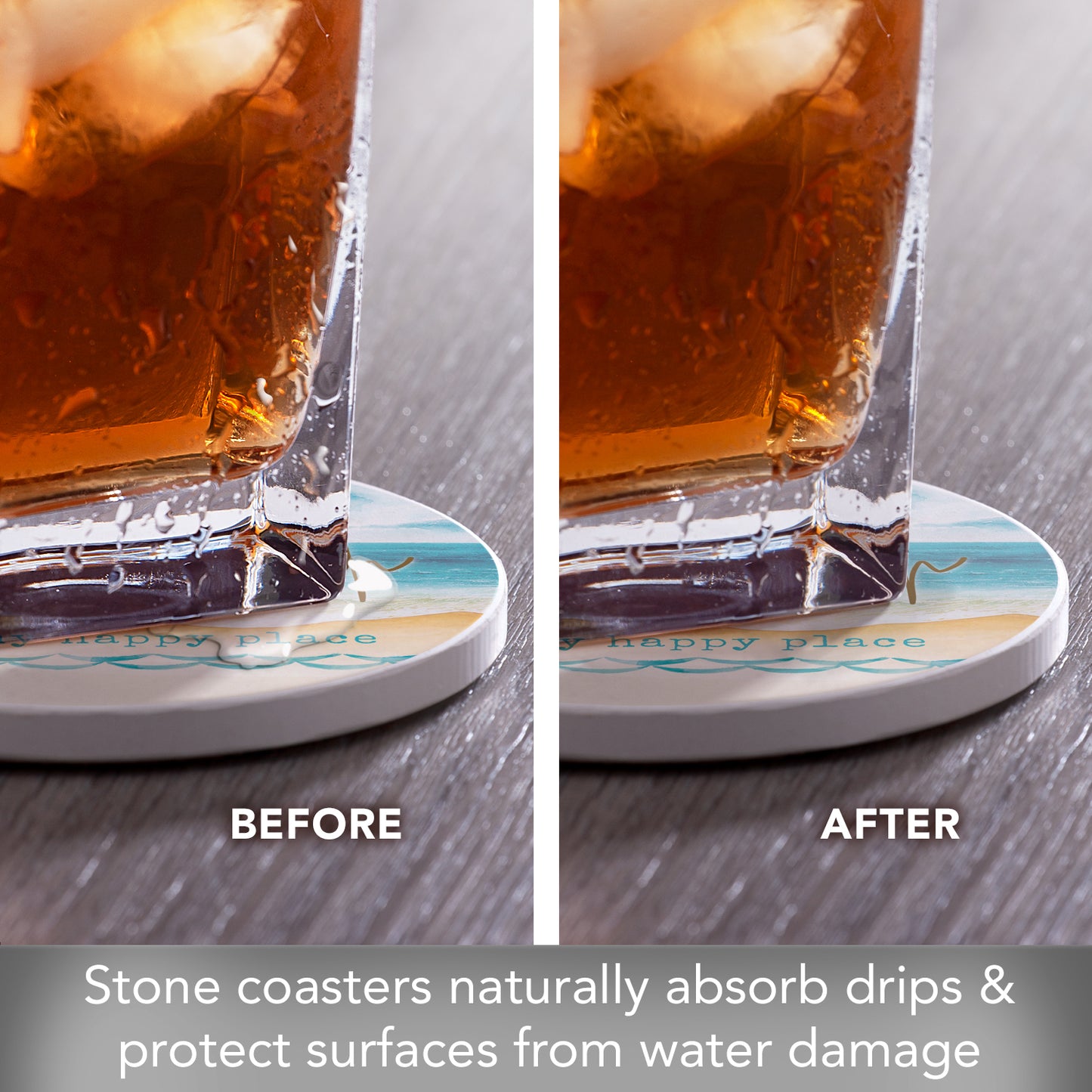 Thirstystone Beach Happy Place 4 Pack Round Absorbent Stone Coasters 4" Diameter Manufactured in the USA