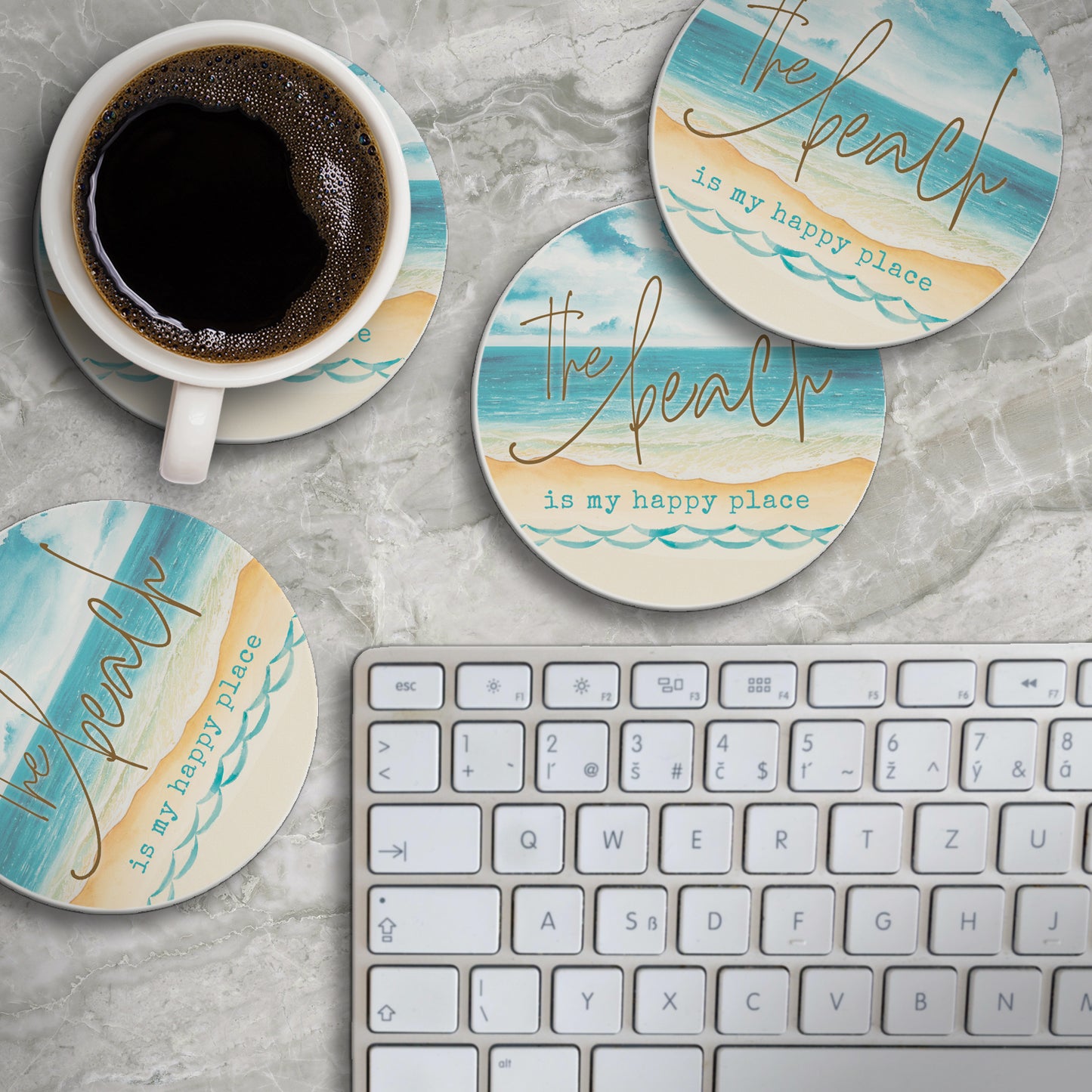 Thirstystone Beach Happy Place 4 Pack Round Absorbent Stone Coasters 4" Diameter Manufactured in the USA