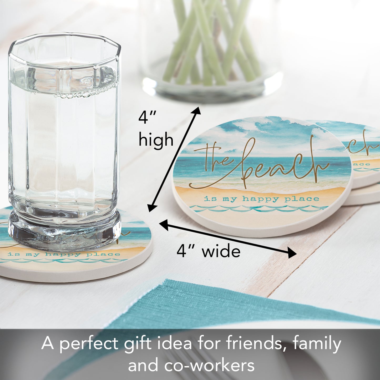 Thirstystone Beach Happy Place 4 Pack Round Absorbent Stone Coasters 4" Diameter Manufactured in the USA