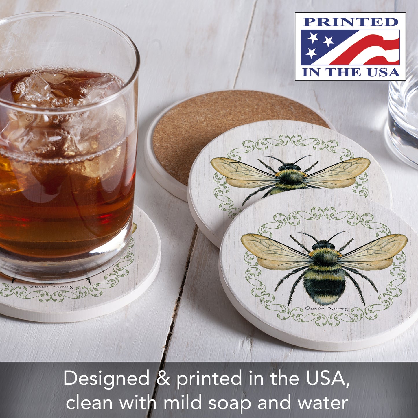 Thirstystone Summer Buzz 4 Pack Round Absorbent Stone Coasters 4" Diameter Manufactured in the USA