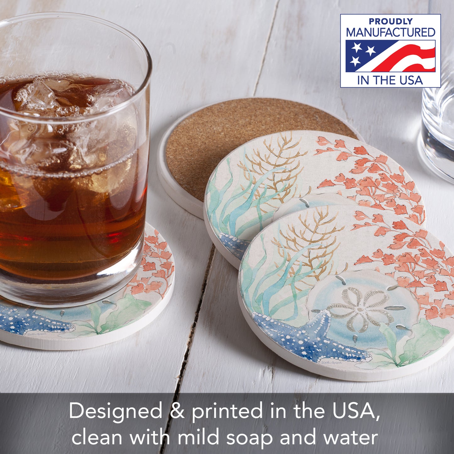 Thirstystone Seaside 4 Pack Round Absorbent Stone Coasters 4" Diameter Manufactured in the USA