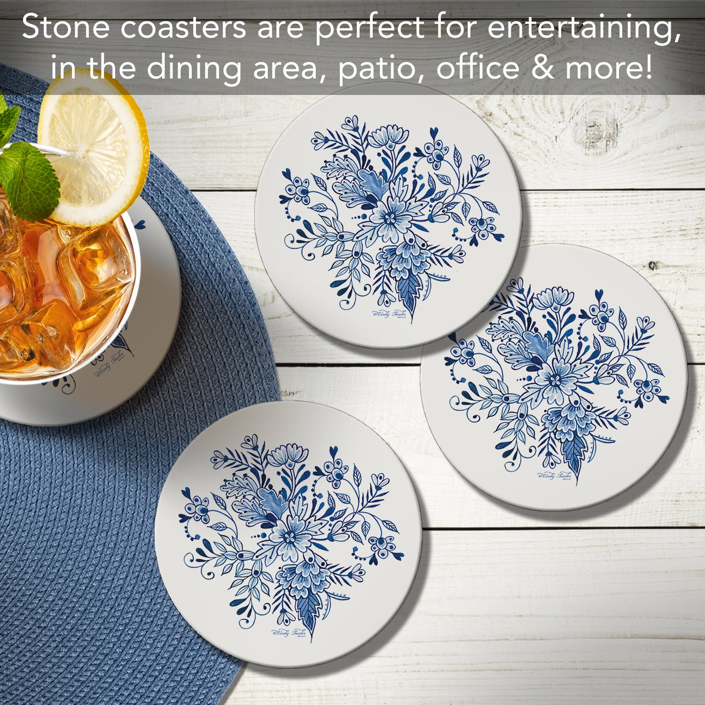 Thirstystone Blue & White Floral 4 Pack Round Absorbent Stone Coasters 4" Diameter Manufactured in the USA