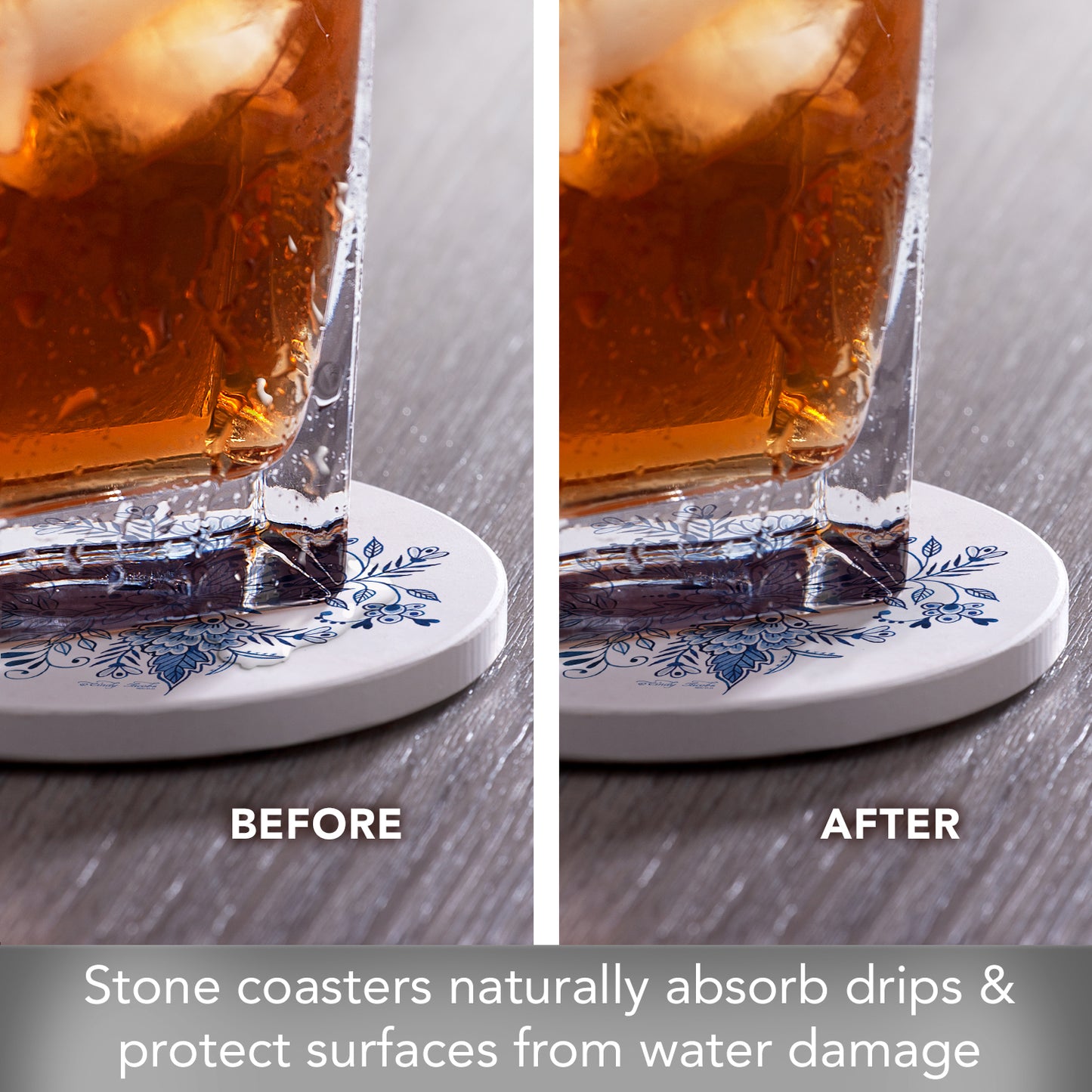 Thirstystone Blue & White Floral 4 Pack Round Absorbent Stone Coasters 4" Diameter Manufactured in the USA