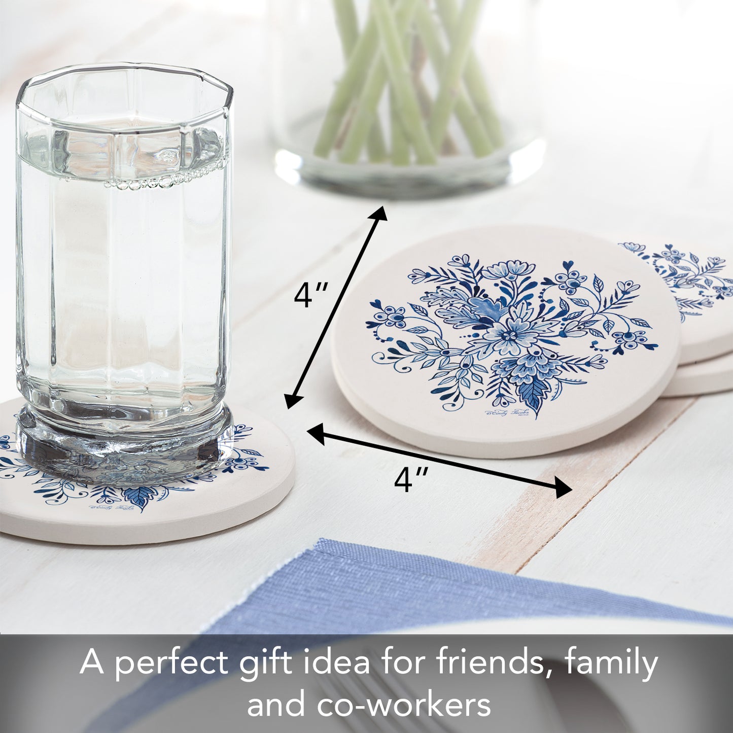 Thirstystone Blue & White Floral 4 Pack Round Absorbent Stone Coasters 4" Diameter Manufactured in the USA