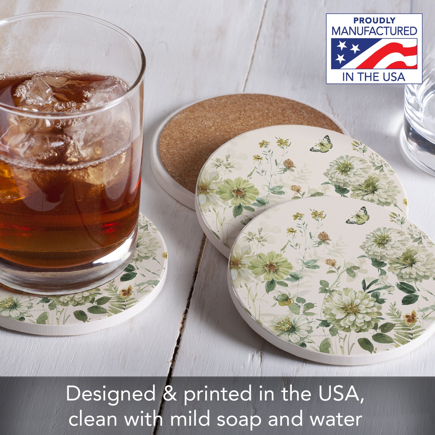 Thirstystone Green Fields 4 Pack Round Absorbent Stone Coasters 4" Diameter Manufactured in the USA