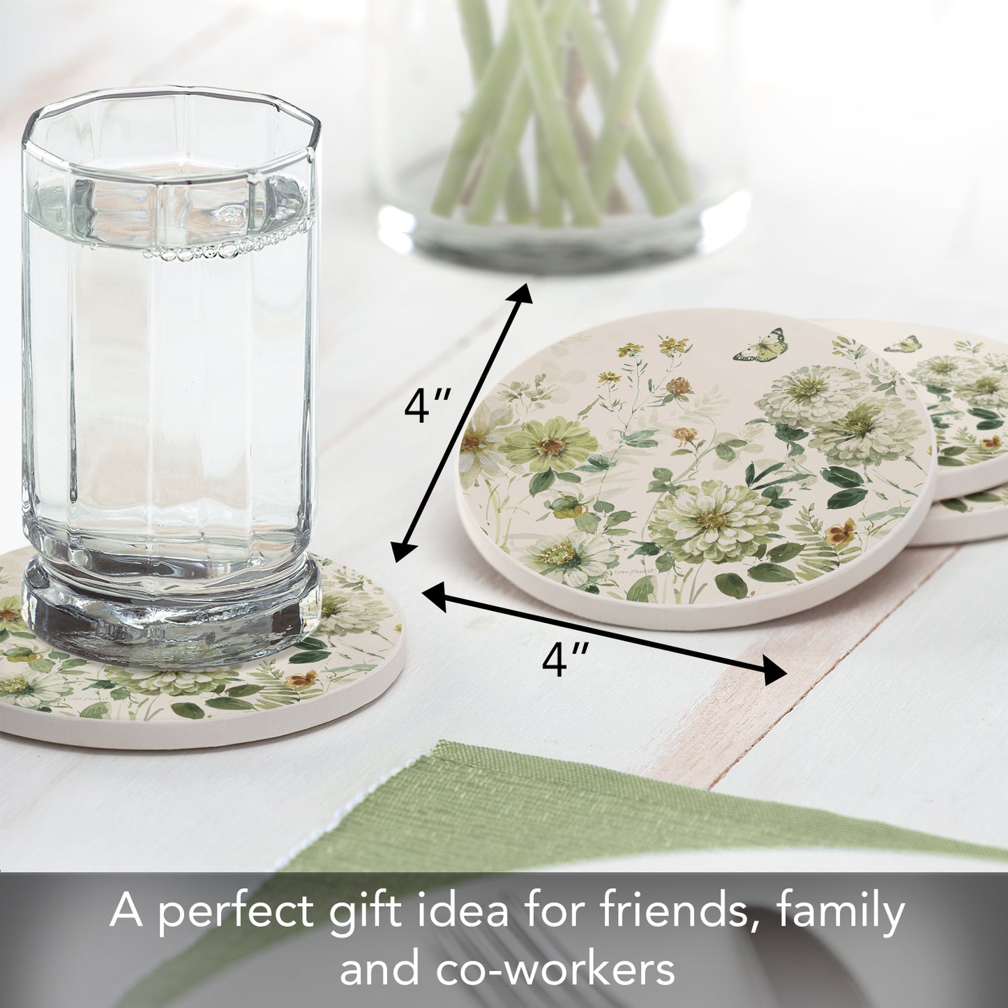 Thirstystone Green Fields 4 Pack Round Absorbent Stone Coasters 4" Diameter Manufactured in the USA