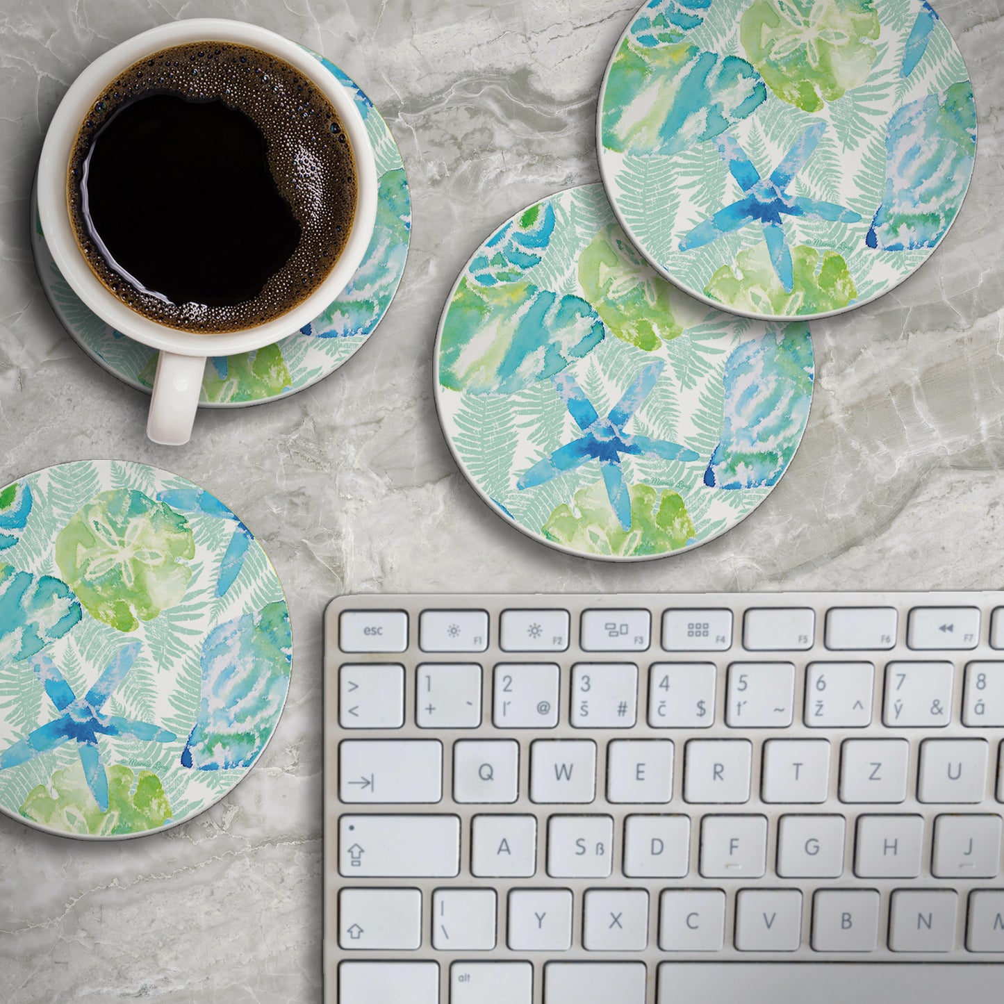 Thirstystone Isla Mona Sea Life 4 Pack Round Absorbent Stone Coasters 4" Diameter Manufactured in the USA