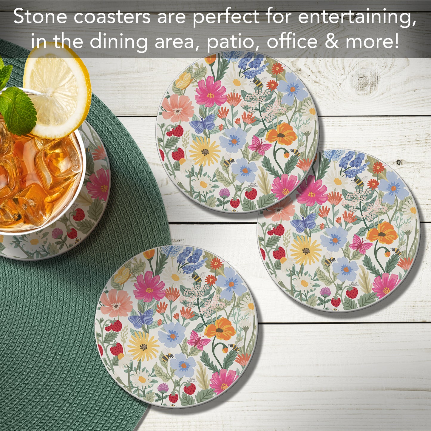 Thirstystone Wild Meadow 4 Pack Round Absorbent Stone Coasters 4" Diameter Manufactured in the USA