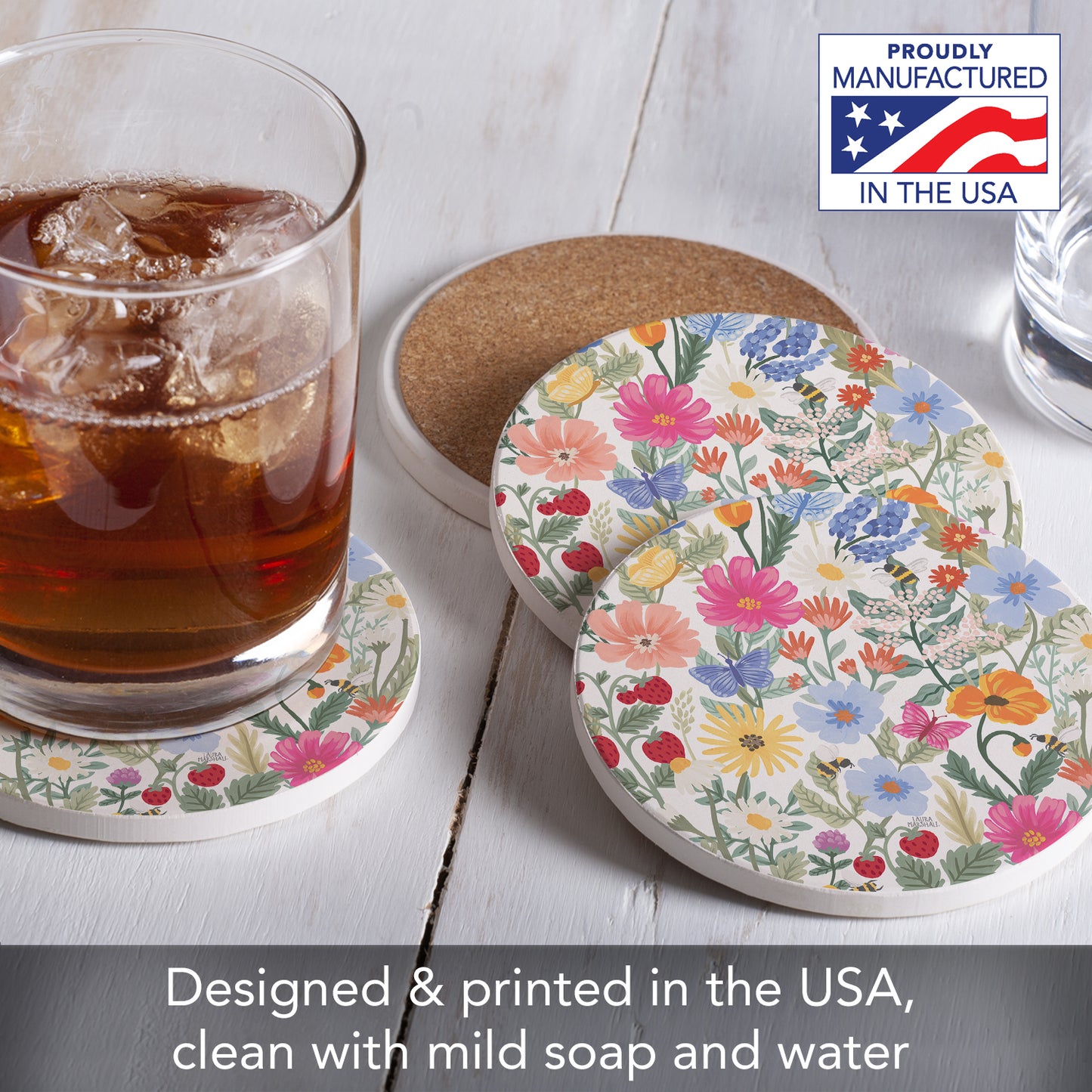 Thirstystone Wild Meadow 4 Pack Round Absorbent Stone Coasters 4" Diameter Manufactured in the USA