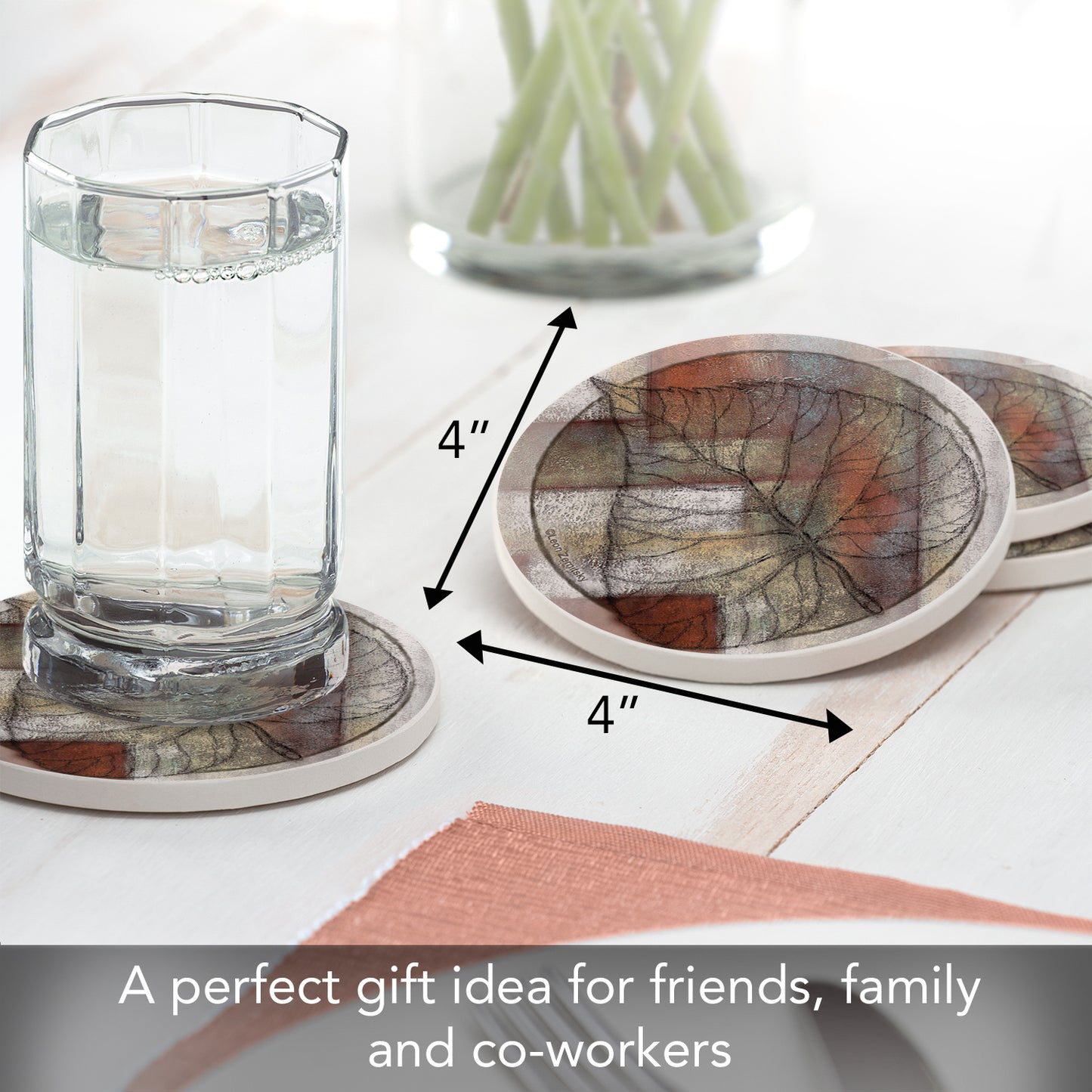 Thirstystone Leaf Whisper II 4 Pack Round Absorbent Stone Coasters 4" Diameter