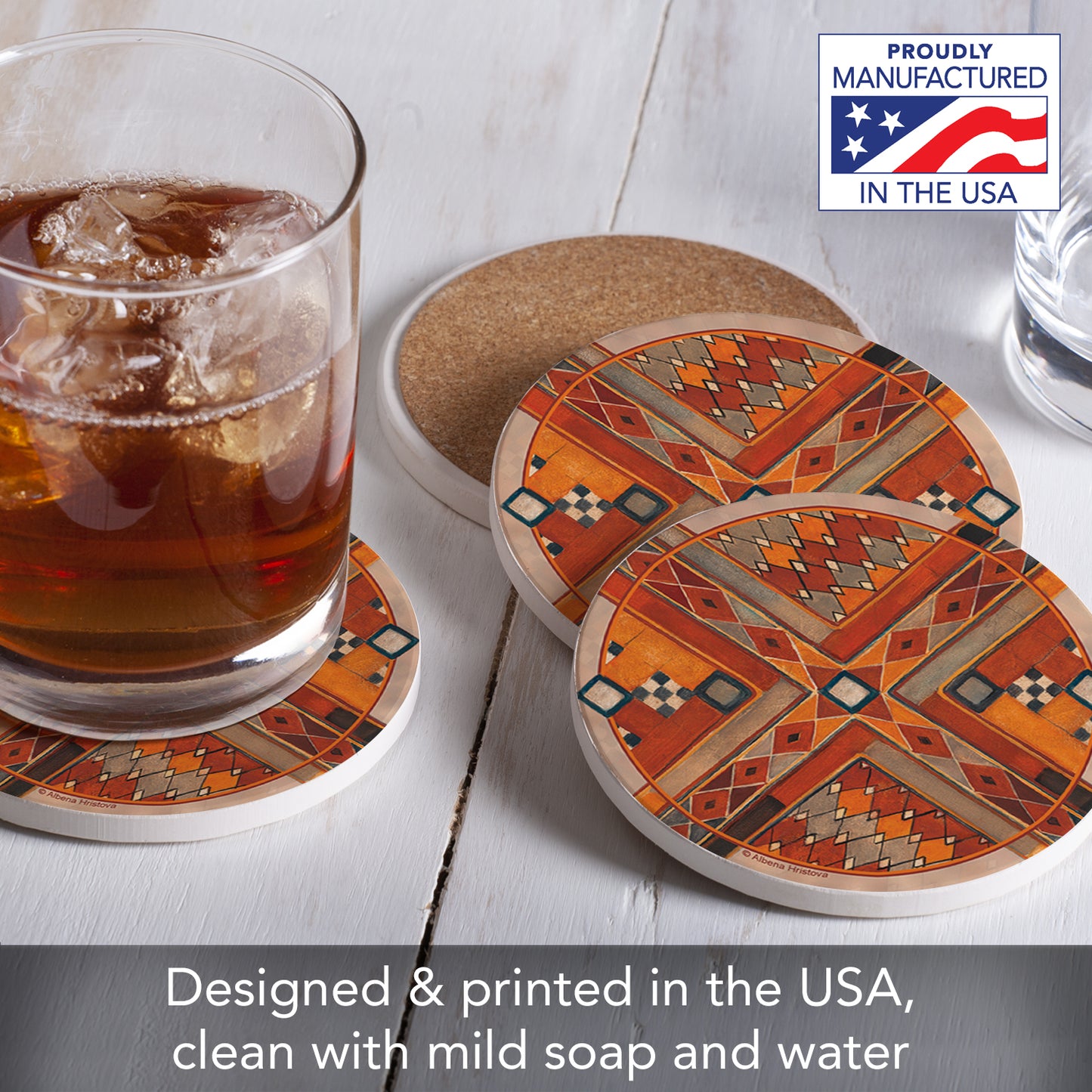 Thirstystone Southwest Pattern III 4 Pack Round Absorbent Stone Coasters 4" Diameter Manufactured in the USA