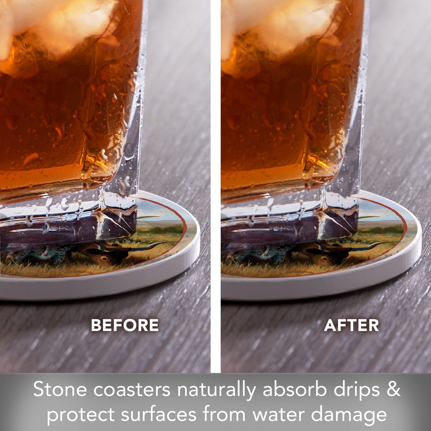 Thirstystone Longhorns 4 Pack Round Absorbent Stone Coasters 4" Diameter Manufactured in the USA