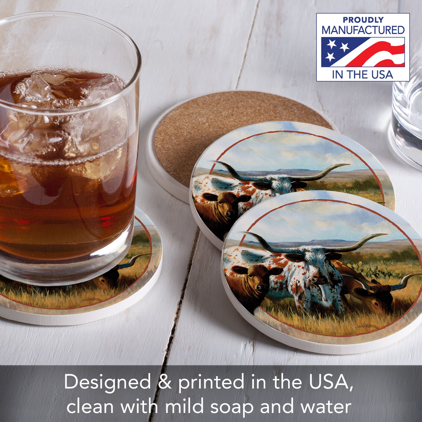 Thirstystone Longhorns 4 Pack Round Absorbent Stone Coasters 4" Diameter Manufactured in the USA