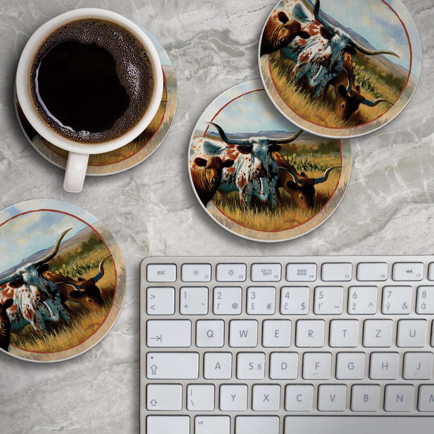 Thirstystone Longhorns 4 Pack Round Absorbent Stone Coasters 4" Diameter Manufactured in the USA