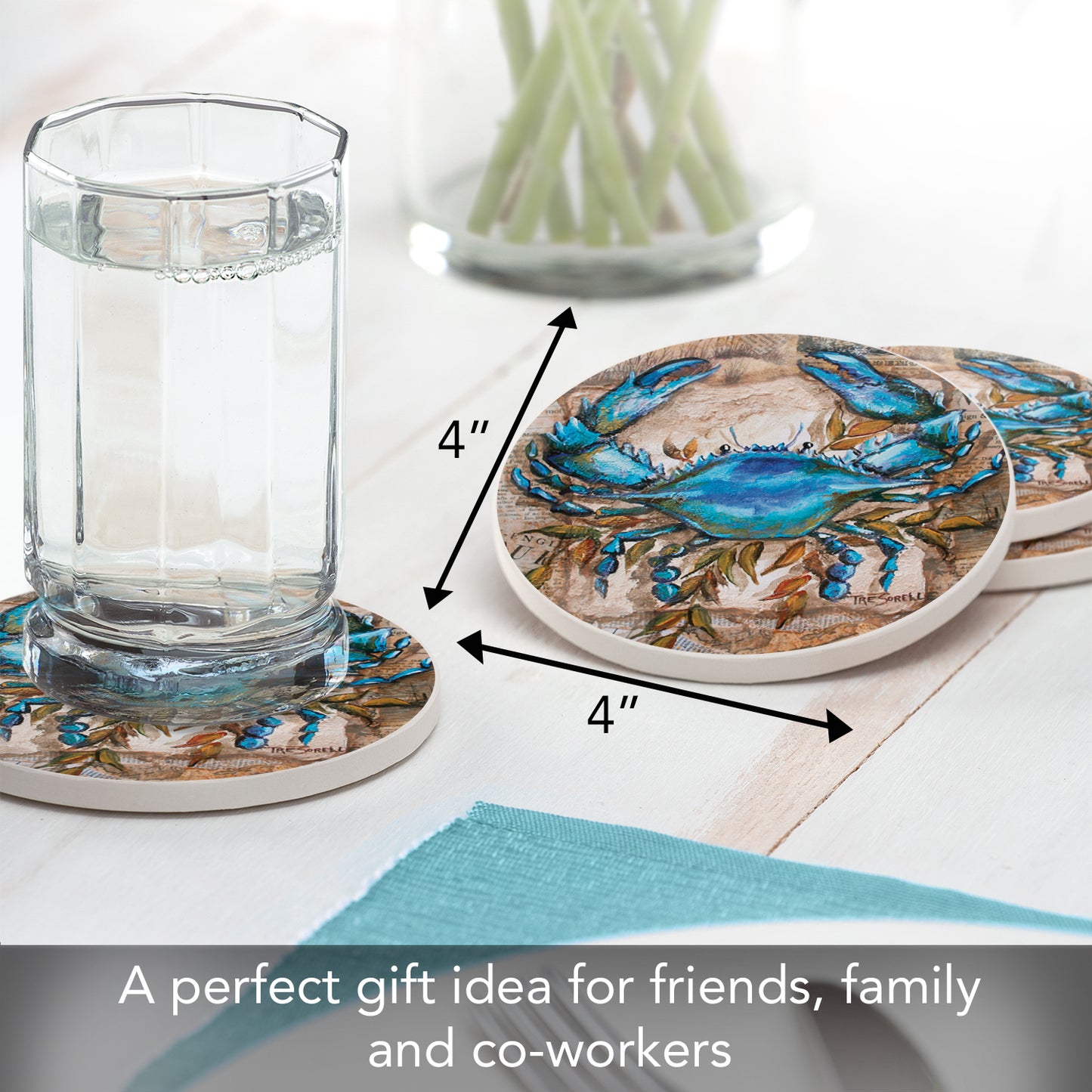 Thirstystone Blue Crab 4-Pack Round Absorbent Stone Coasters Manufactured in The USA