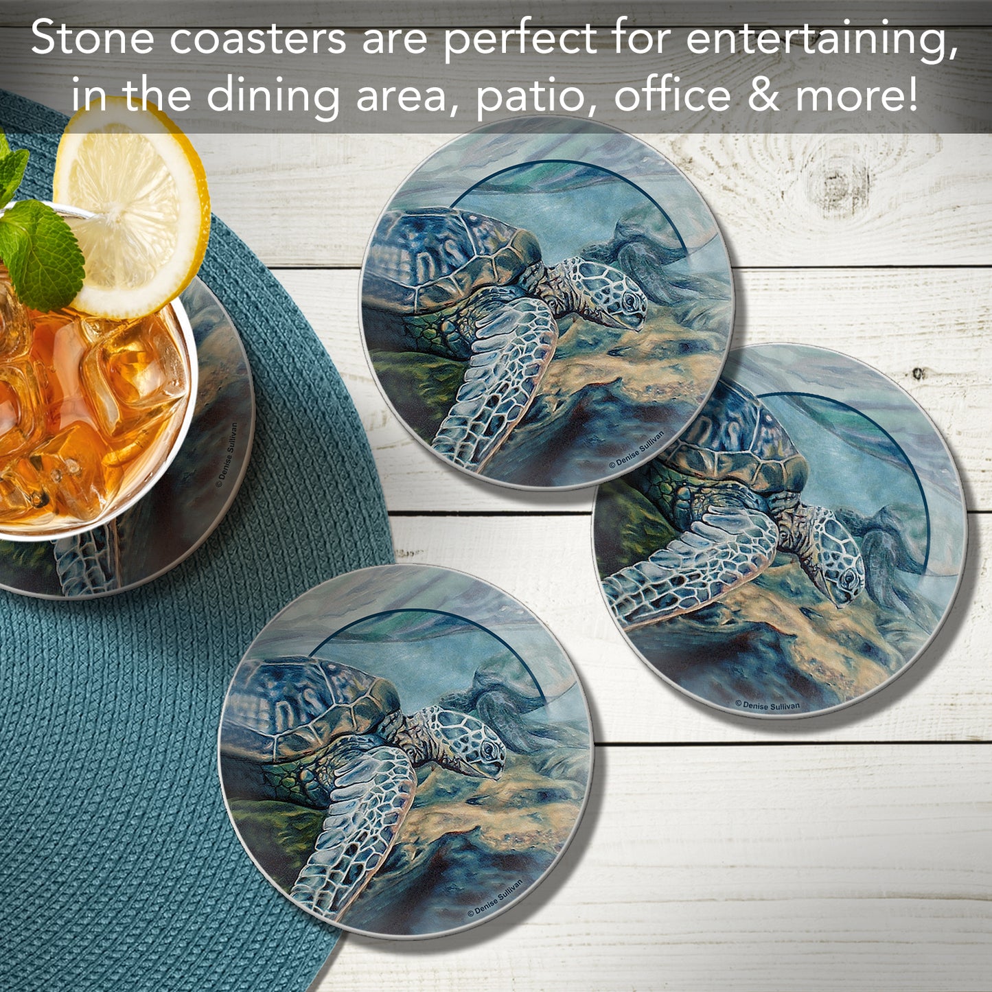 Thirstystone Kona Sea Turtle 4-Pack Round Absorbent Stone Coasters with Protective Cork Backing Manufactured in The USA