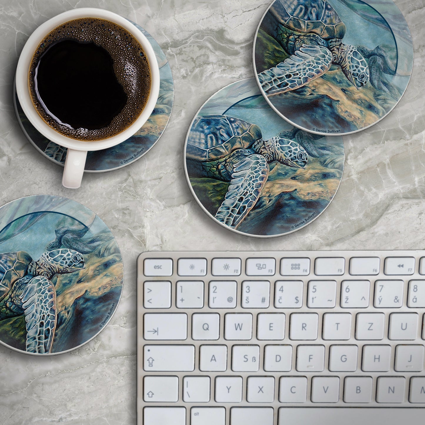 Thirstystone Kona Sea Turtle 4-Pack Round Absorbent Stone Coasters with Protective Cork Backing Manufactured in The USA