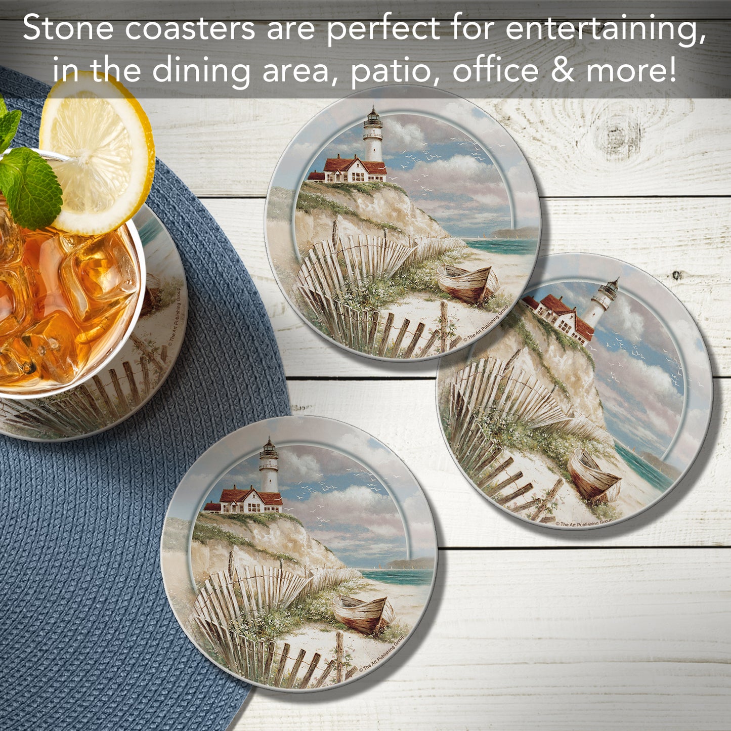 Thirstystone Beach Lighthouse 4 Pack Round Absorbent Stone Coasters 4" Diameter Manufactured in the USA