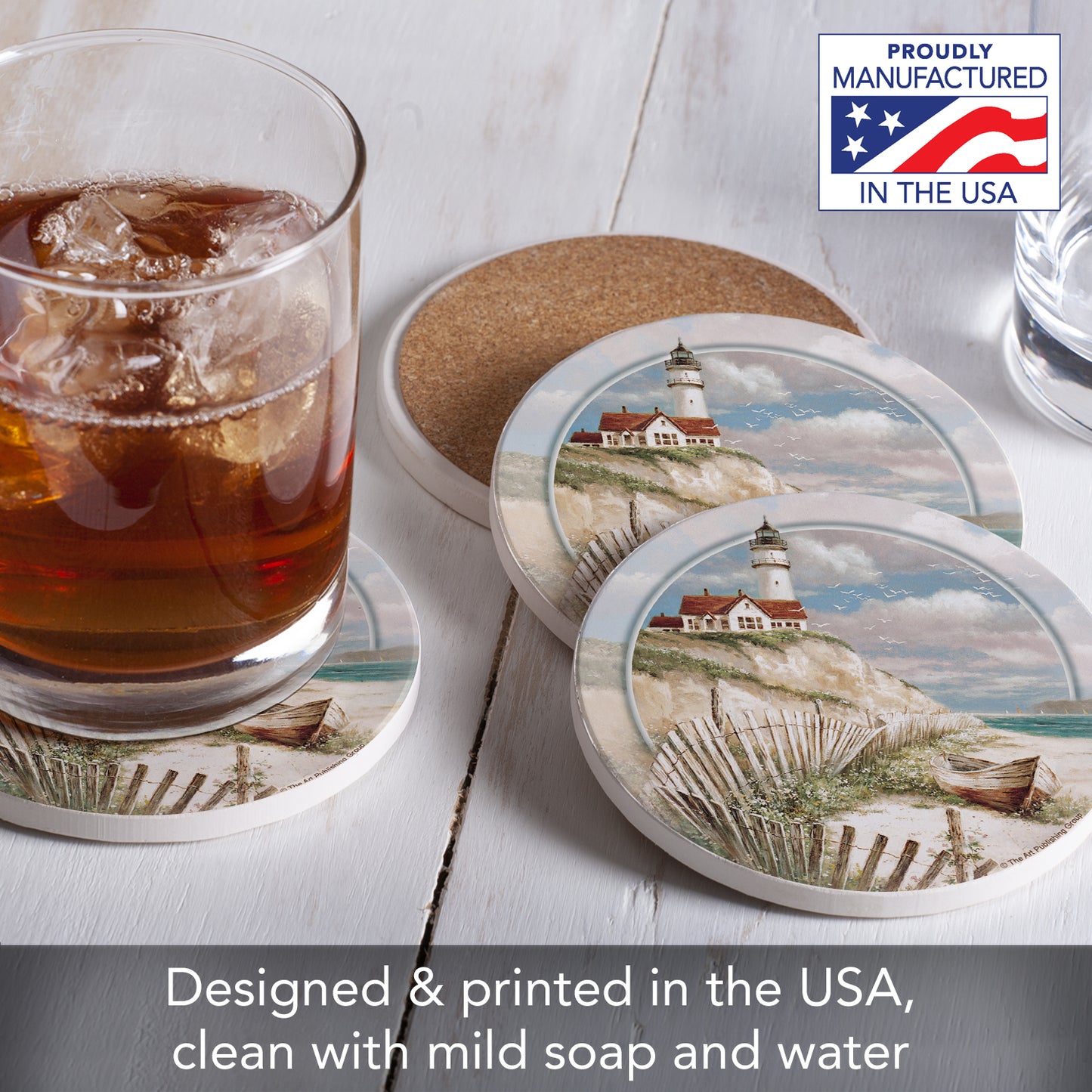 Thirstystone Beach Lighthouse 4 Pack Round Absorbent Stone Coasters 4" Diameter Manufactured in the USA
