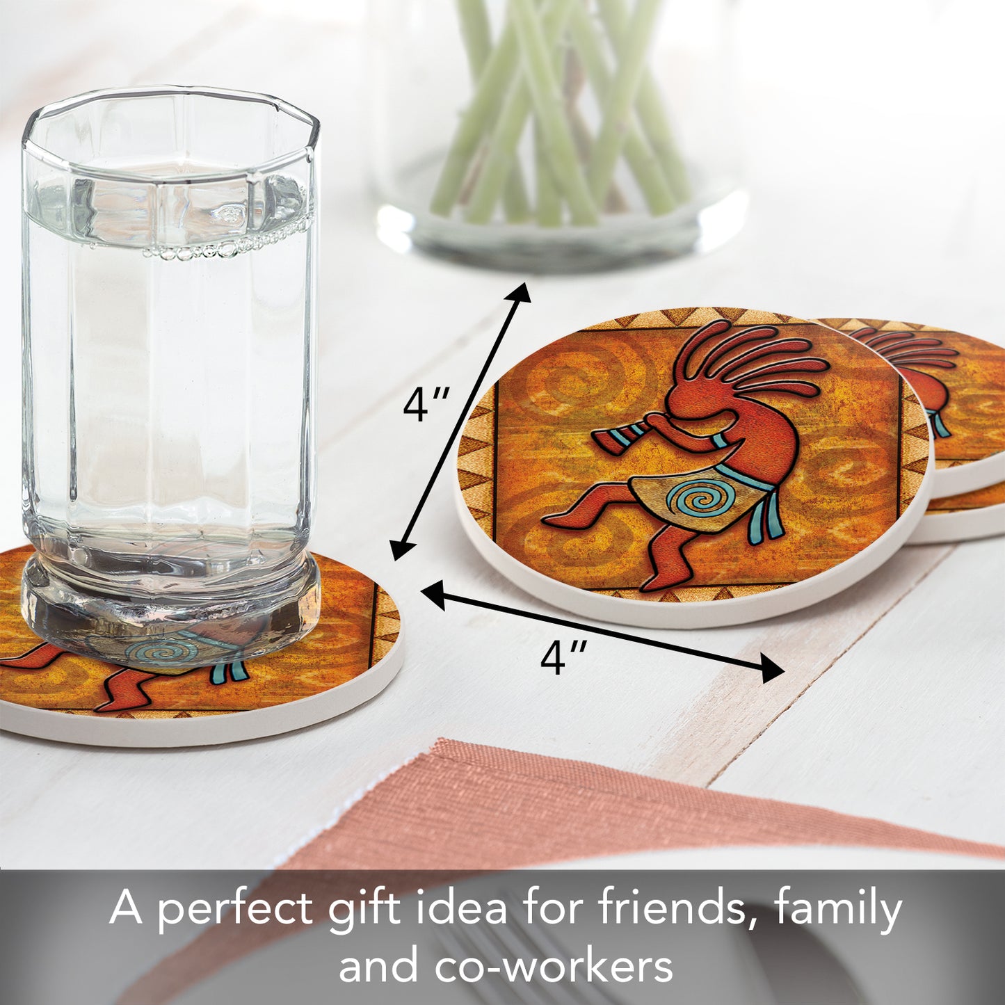 Thirstystone Kokopelli 4 Pack Round Absorbent Stone Coasters 4" Diameter Manufactured in the USA