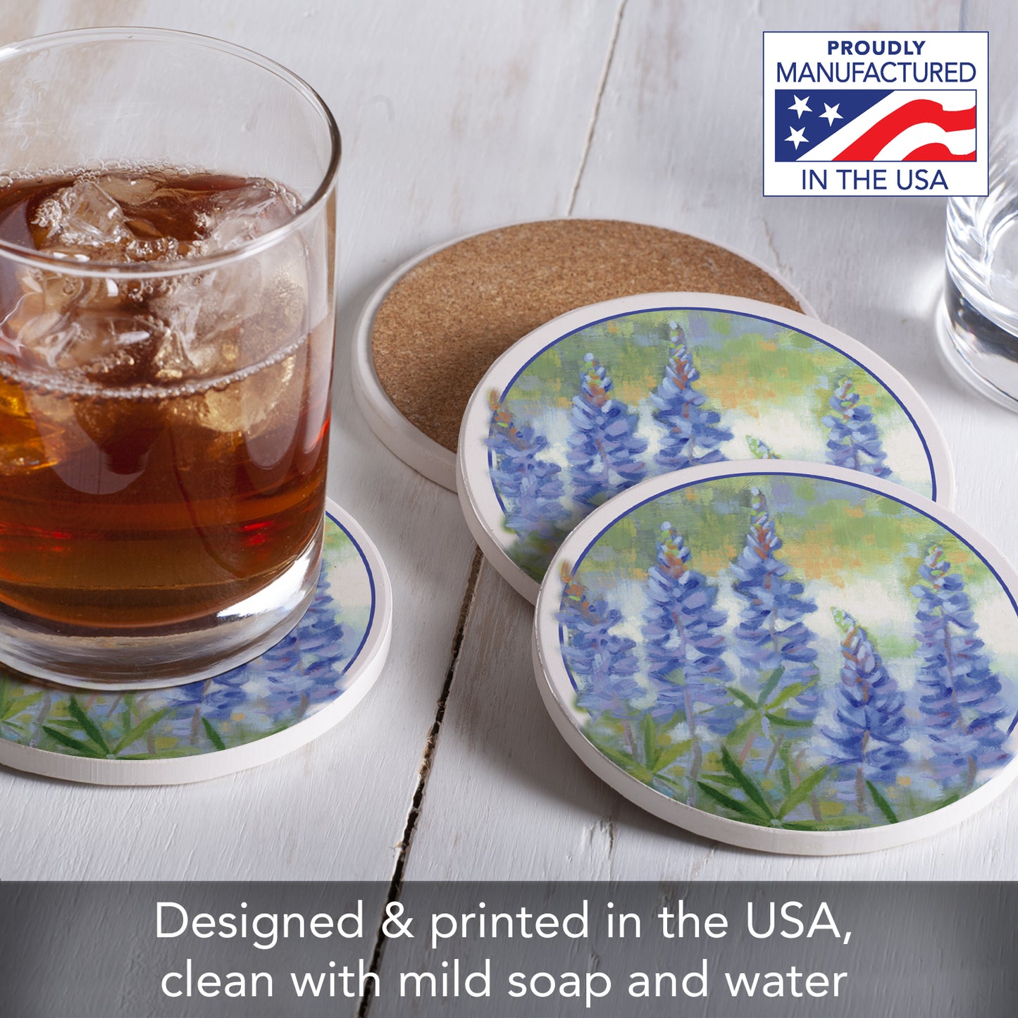 Thirstystone Bluebonnets 4 Pack Round Absorbent Stone Coasters 4" Diameter Manufactured in the USA