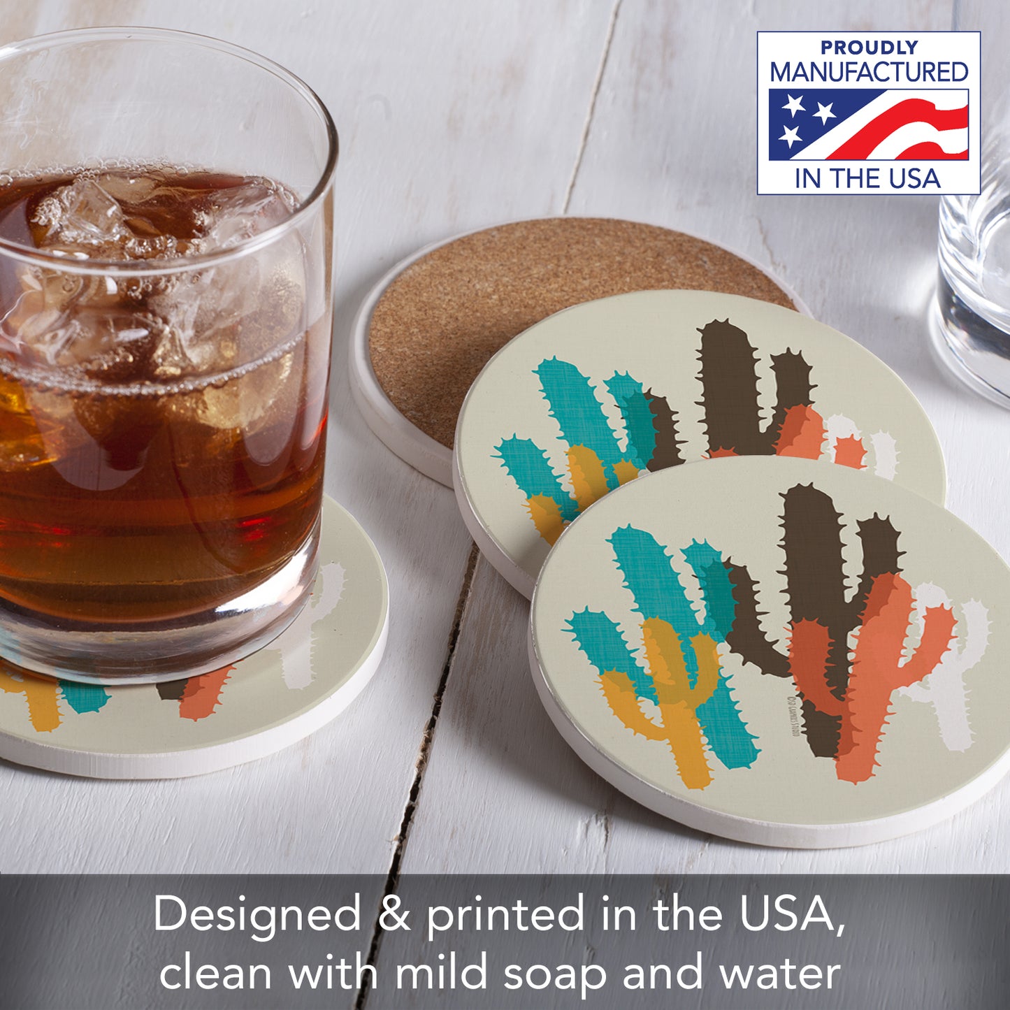 Thirstystone Modern Cacti 4 Pack Round Absorbent Stone Coasters 4" Diameter Manufactured in the USA