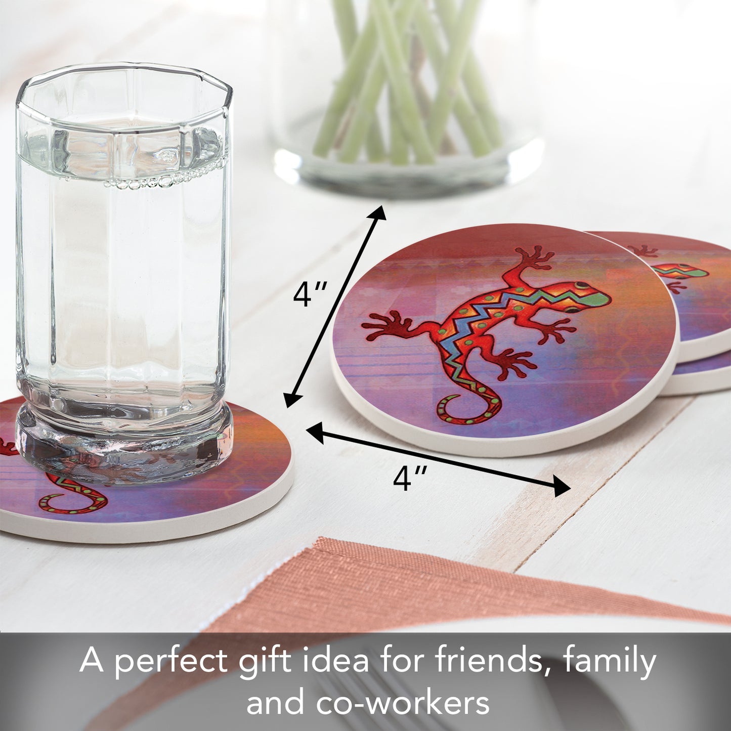 Thirstystone Gecko 4 Pack Round Absorbent Stone Coasters 4" Diameter Manufactured in the USA