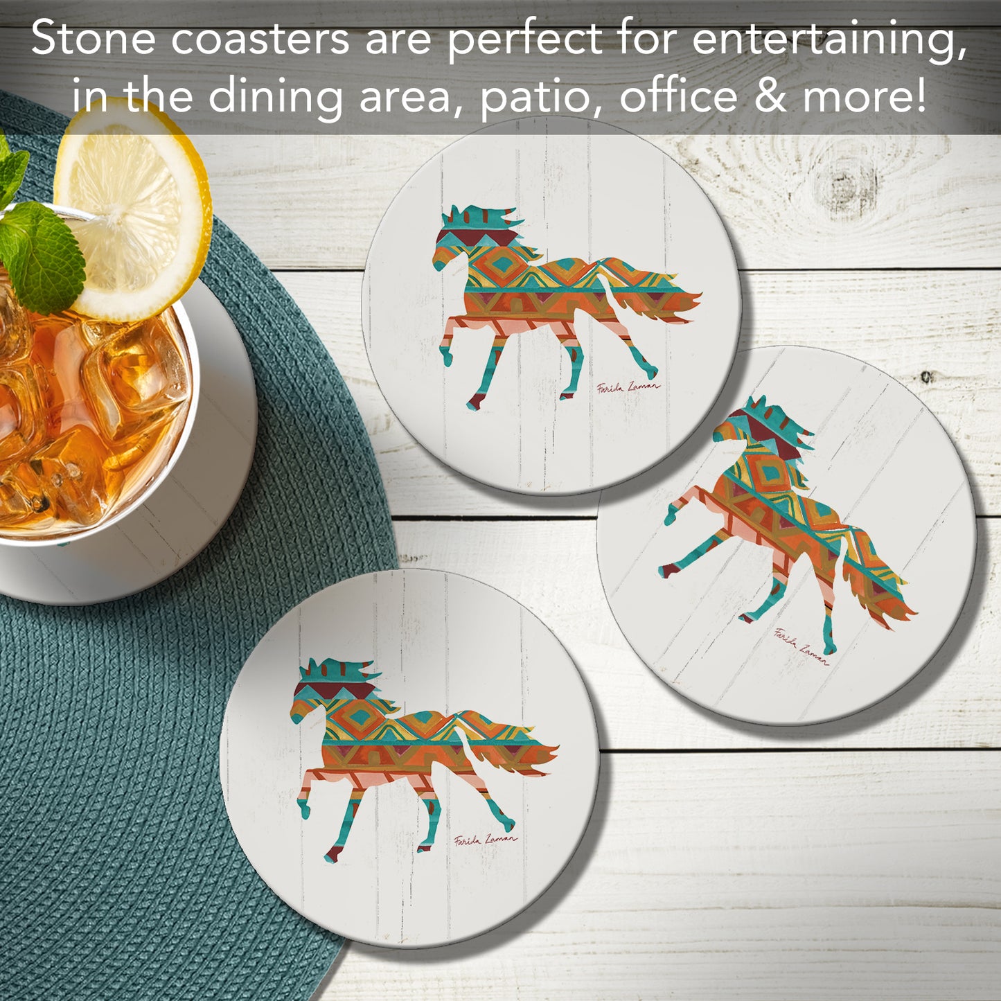 Thirstystone Southwest Vibe Horse 4 Pack Round Absorbent Stone Coasters 4" Diameter Manufactured in the USA
