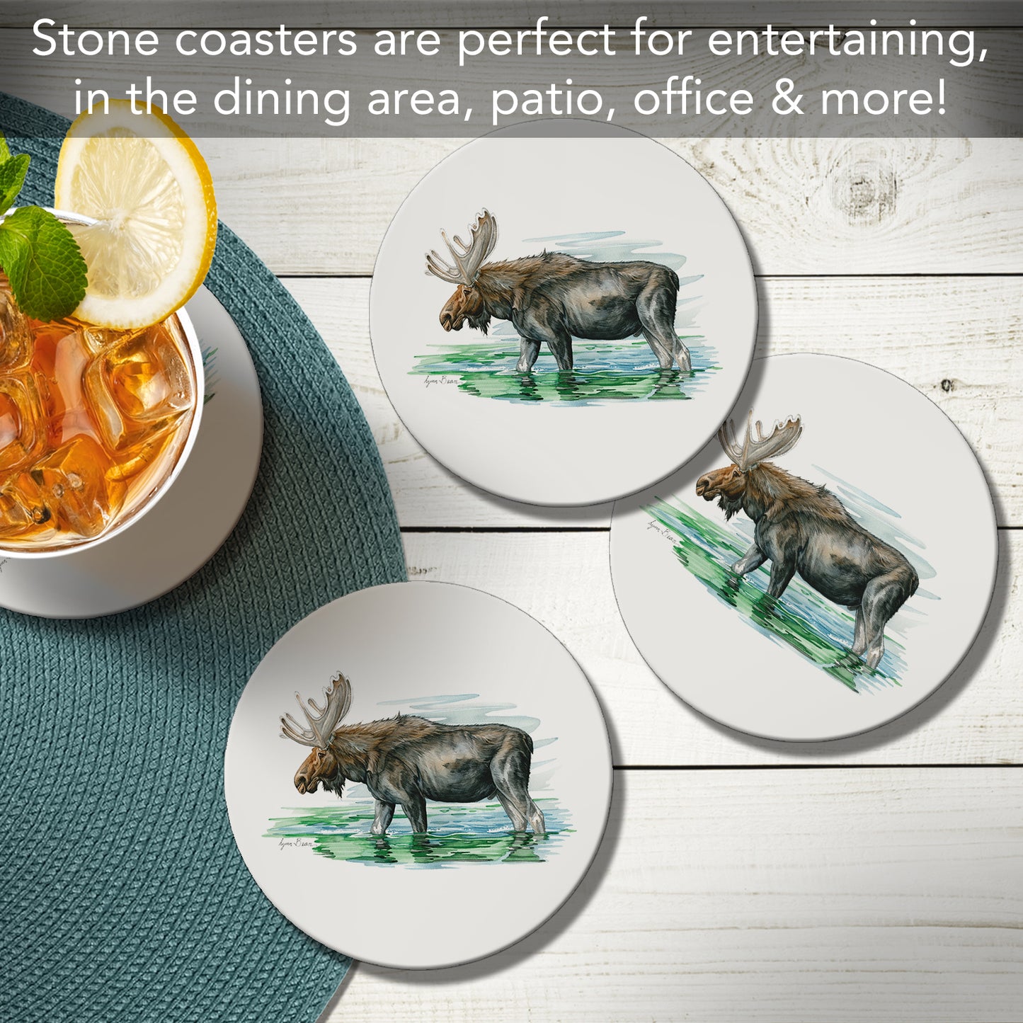 Thirstystone Moose in Lake 4 Pack Round Absorbent Stone Coasters 4" Diameter Manufactured in the USA