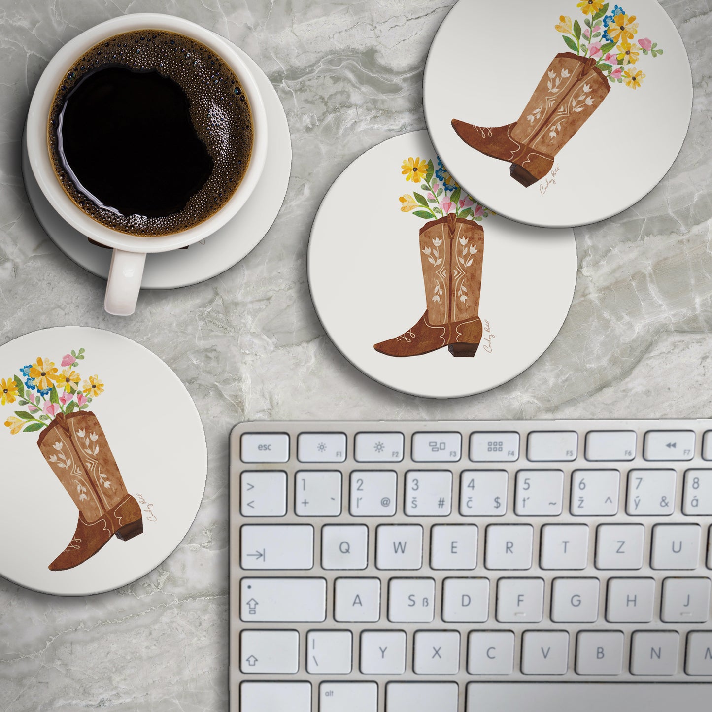 Thirstystone Cowgirl Boot 4 Pack Round Absorbent Stone Coasters 4" Diameter Manufactured in the USA