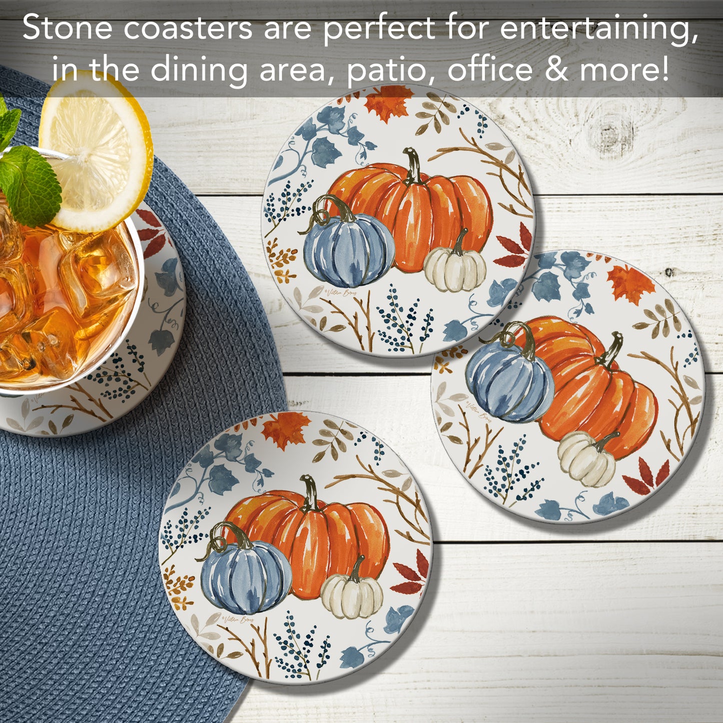 Thirstystone Autumn Pumpkins 4 Pack Round Absorbent Stone Coasters 4" Diameter