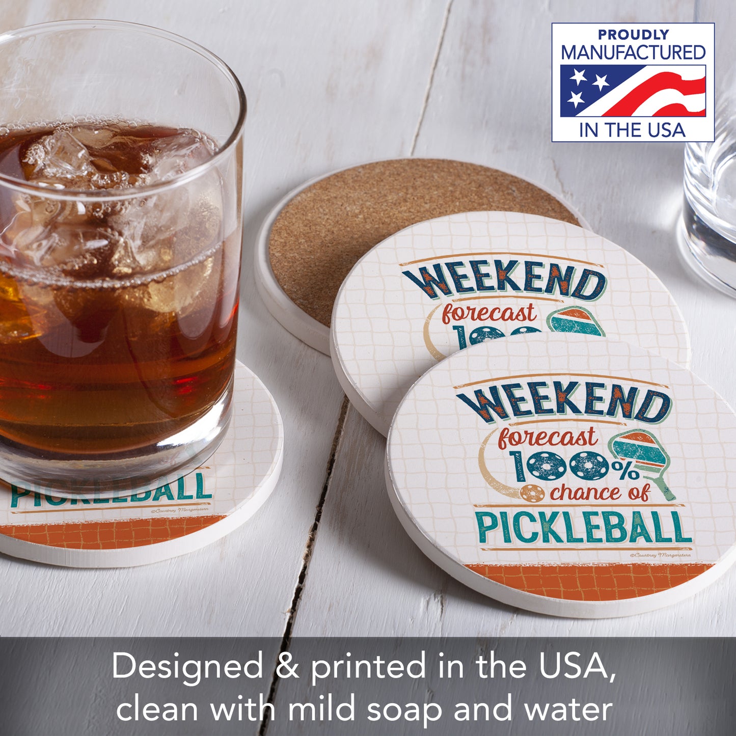 Thirstystone Pickleball Forecast 4 Pack Round Absorbent Stone Coasters 4" Diameter Manufactured in the USA