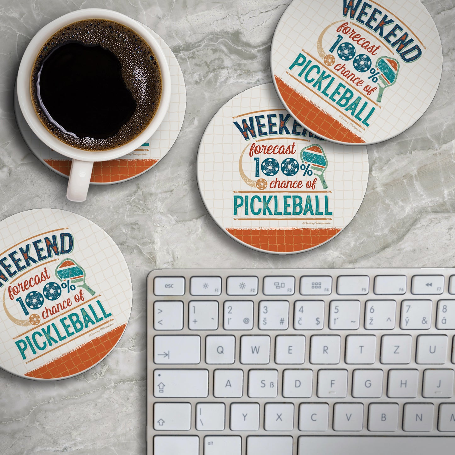 Thirstystone Pickleball Forecast 4 Pack Round Absorbent Stone Coasters 4" Diameter Manufactured in the USA