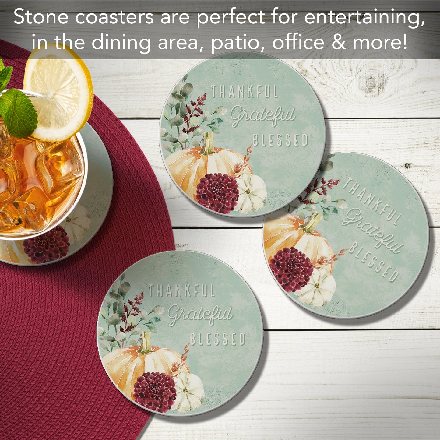 Thirstystone Grateful Thankful 4 Pack Round Absorbent Stone Coasters 4" Diameter