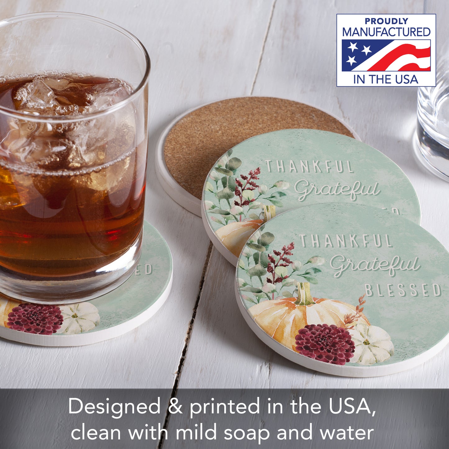 Thirstystone Grateful Thankful 4 Pack Round Absorbent Stone Coasters 4" Diameter