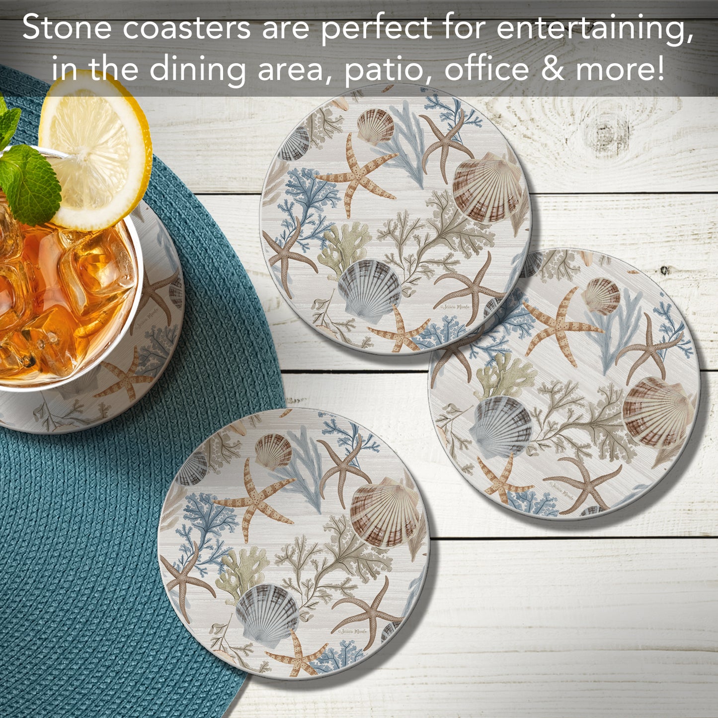 Thirstystone Starfish & Shells 4 Pack Round Absorbent Stone Coasters 4" Diameter Manufactured in the USA