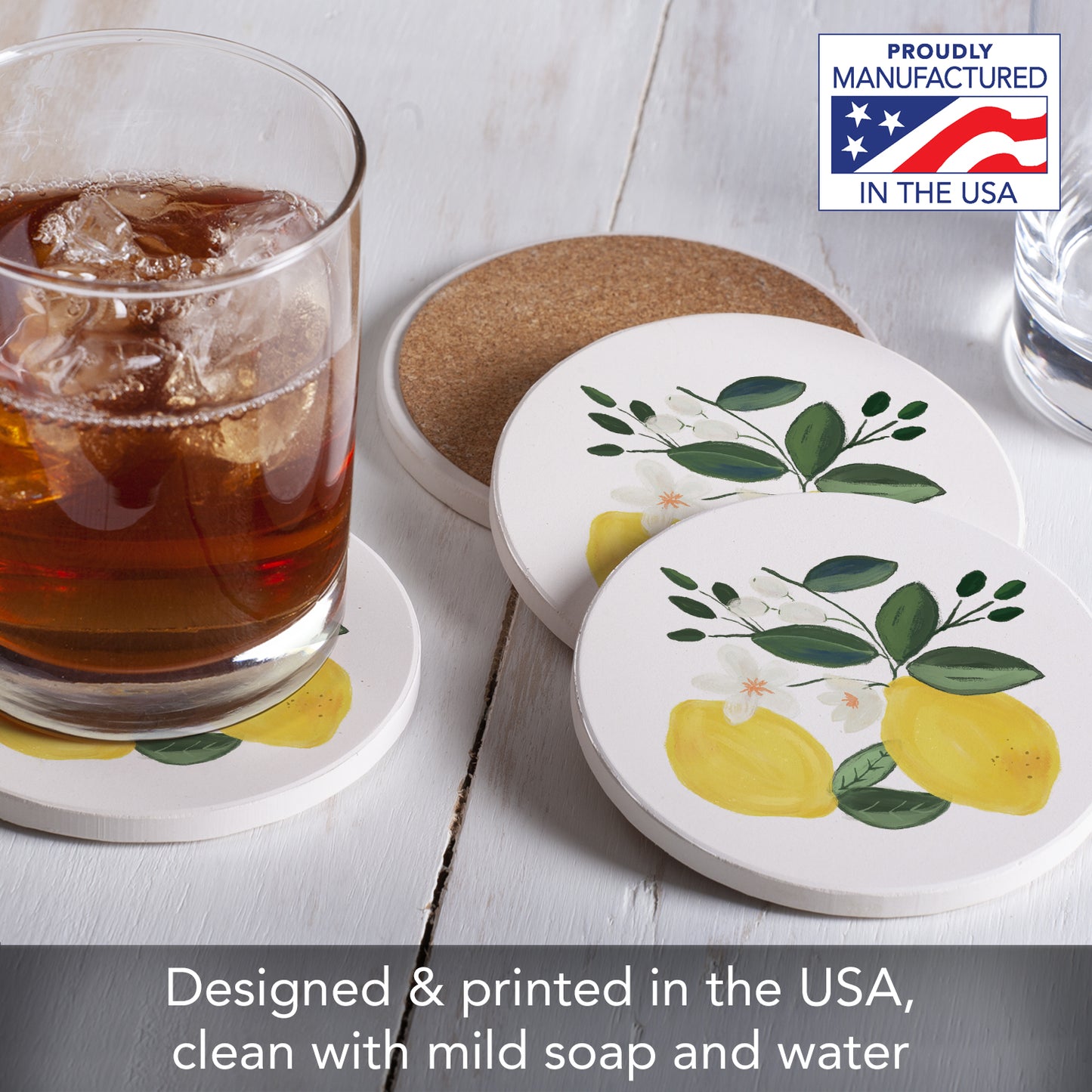 Thirstystone Lemon Blossom 4 Pack Round Absorbent Stone Coasters 4" Diameter Manufactured in the USA