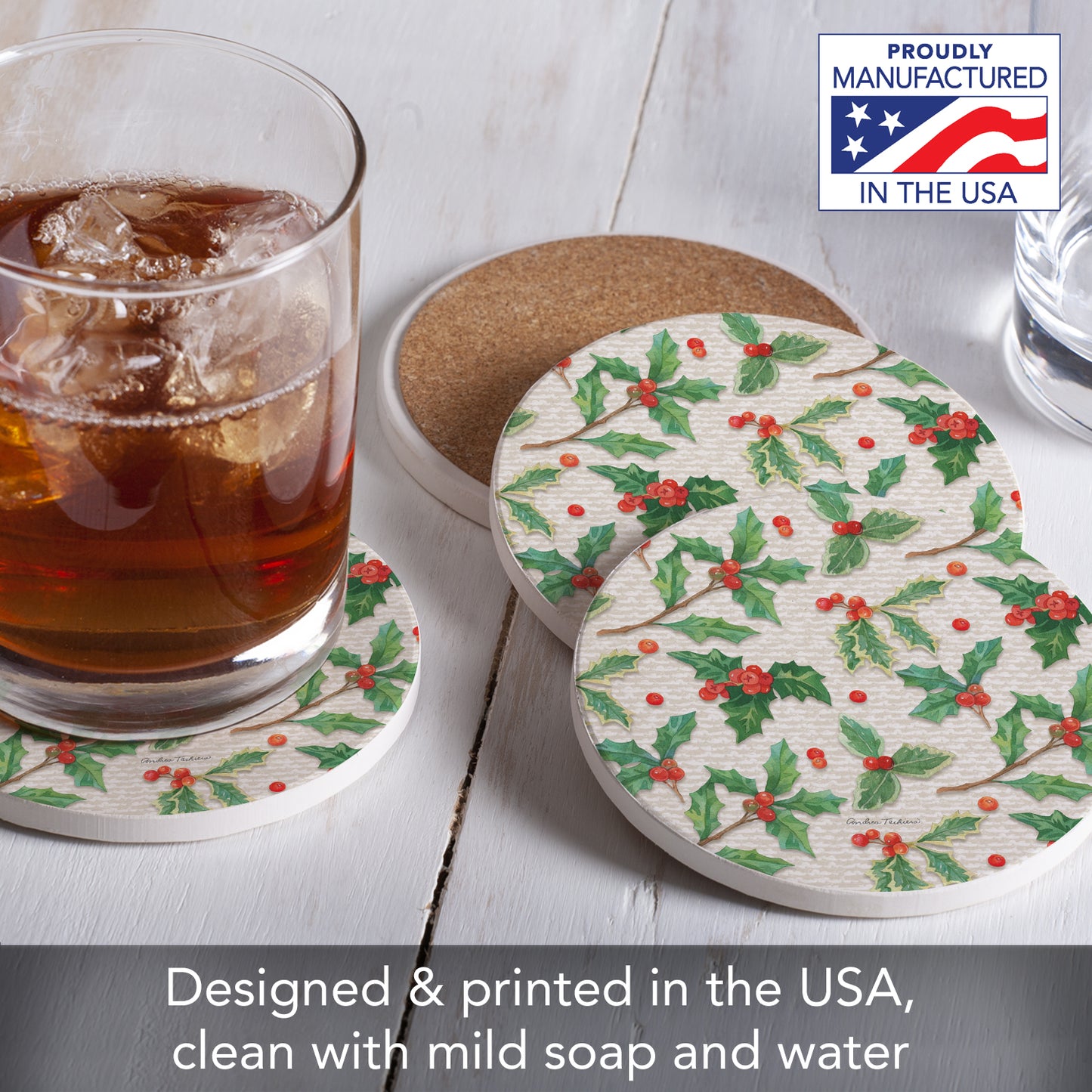 Thirstystone Happy Holly 4 Pack Round Absorbent Stone Coasters 4" Diameter