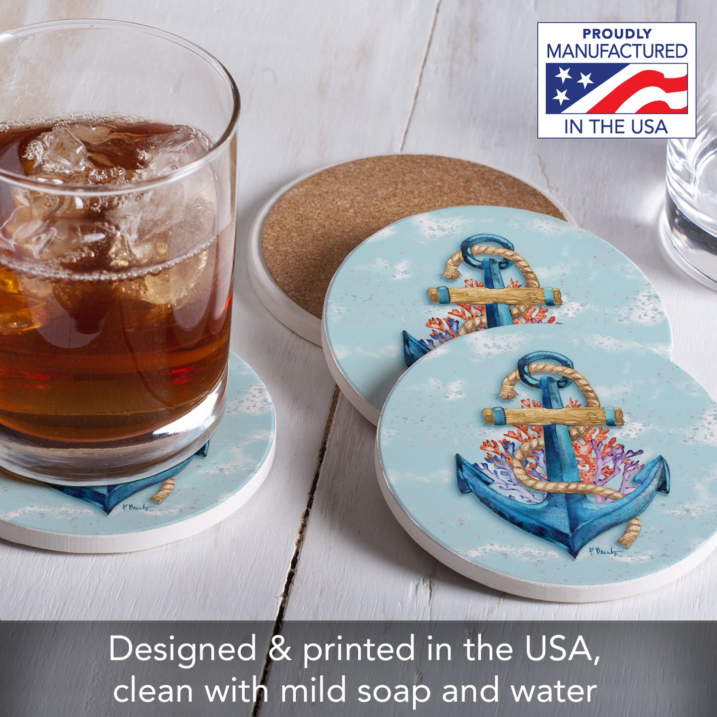 Thirstystone Submerged Anchor 4 Pack Round Absorbent Stone Coasters 4" Diameter Manufactured in the USA