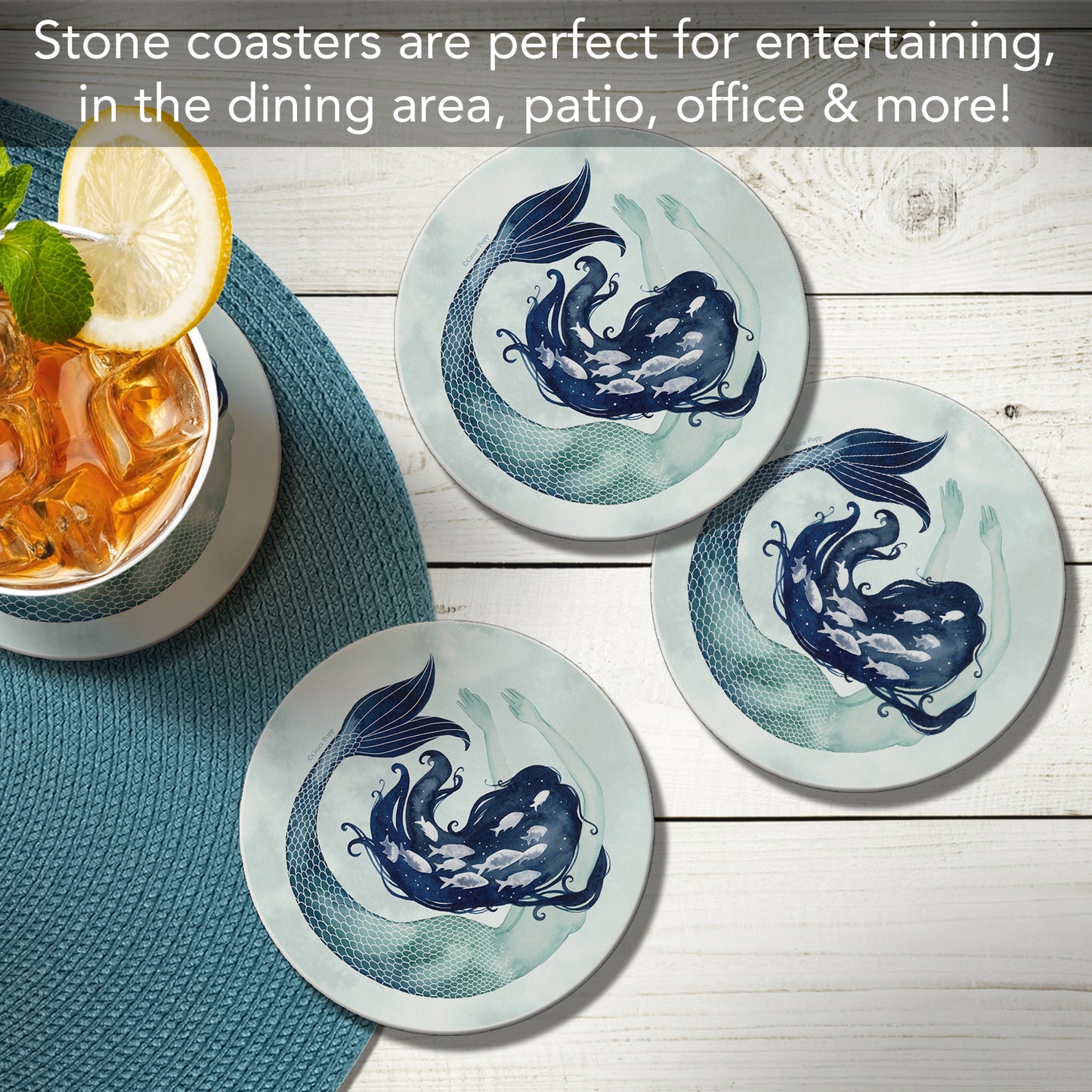 Thirstystone Mermaid Scales 4 Pack Round Absorbent Stone Coasters 4" Diameter Manufactured in the USA
