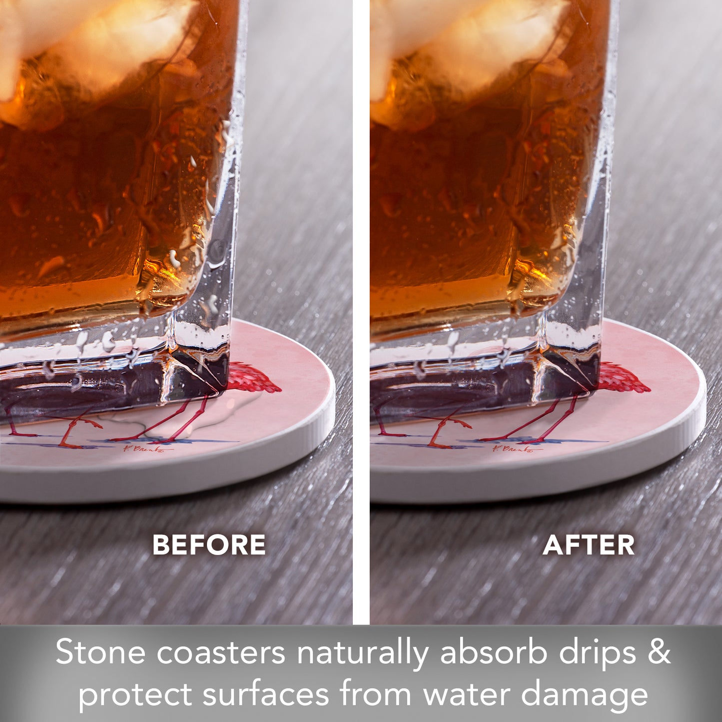 Thirstystone Flamngo Trio 4 Pack Round Absorbent Stone Coasters 4" Diameter Manufactured in the USA