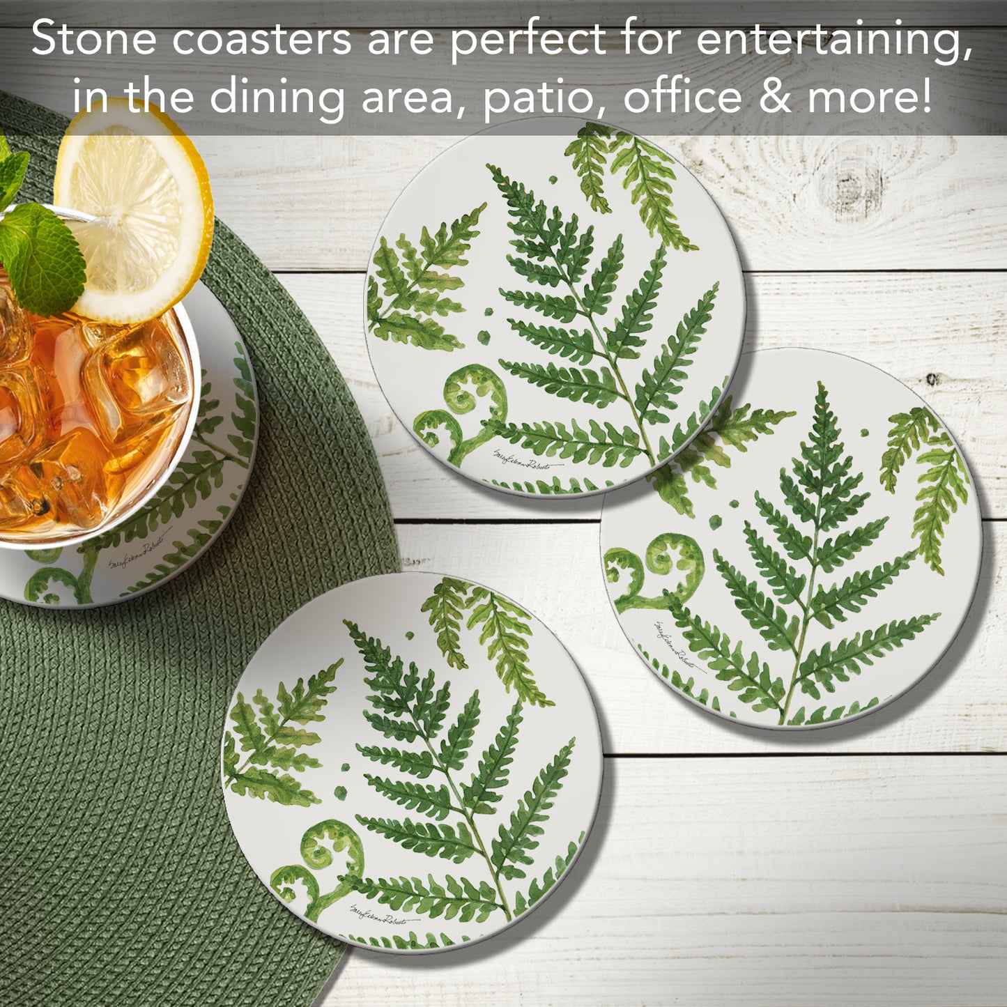 Thirstystone Ferns 4 Pack Round Absorbent Stone Coasters 4" Diameter Manufactured in the USA