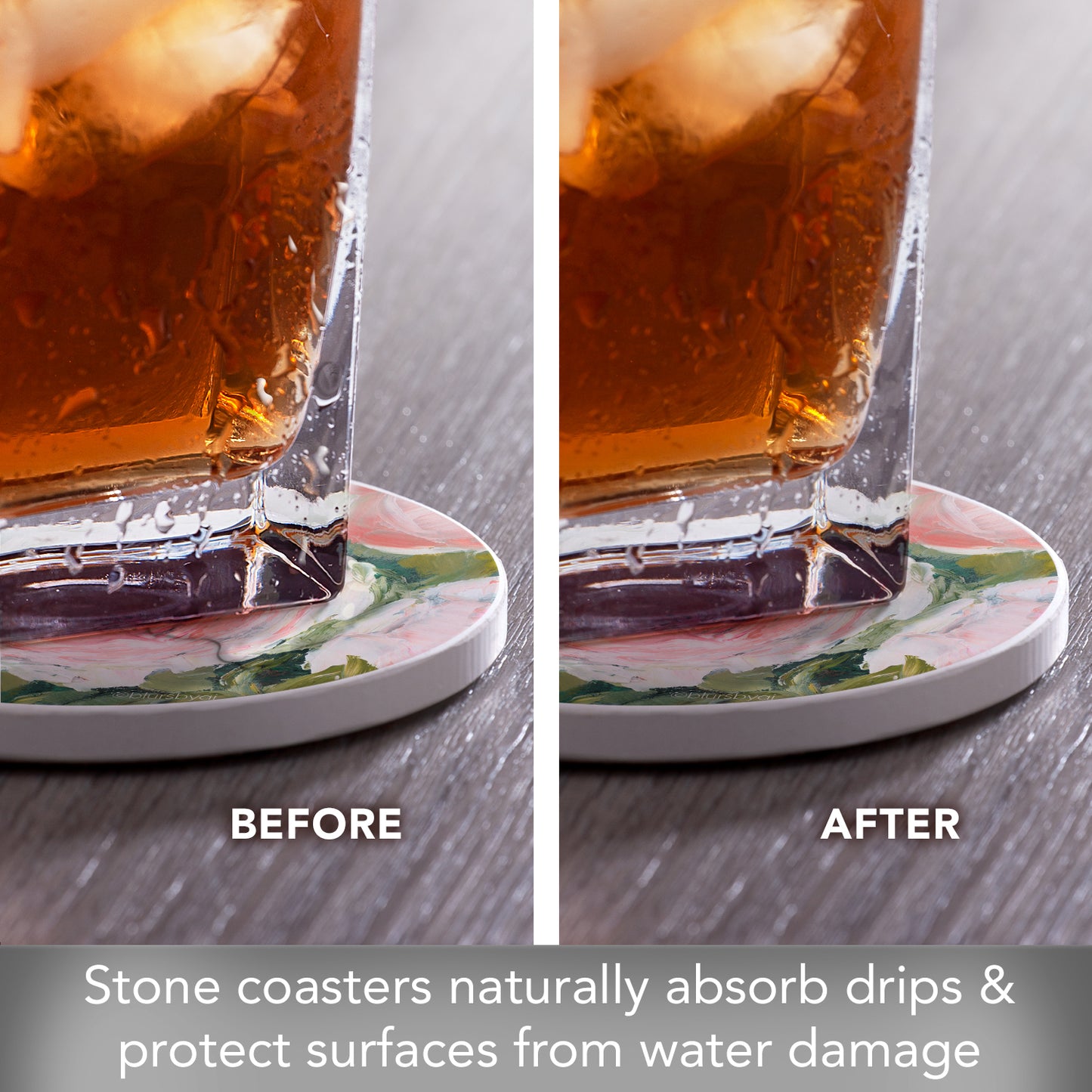 Thirstystone Aged Beauty Floral 4 Pack Absorbent Stone Coasters 4" Diameter Manufactured in the USA