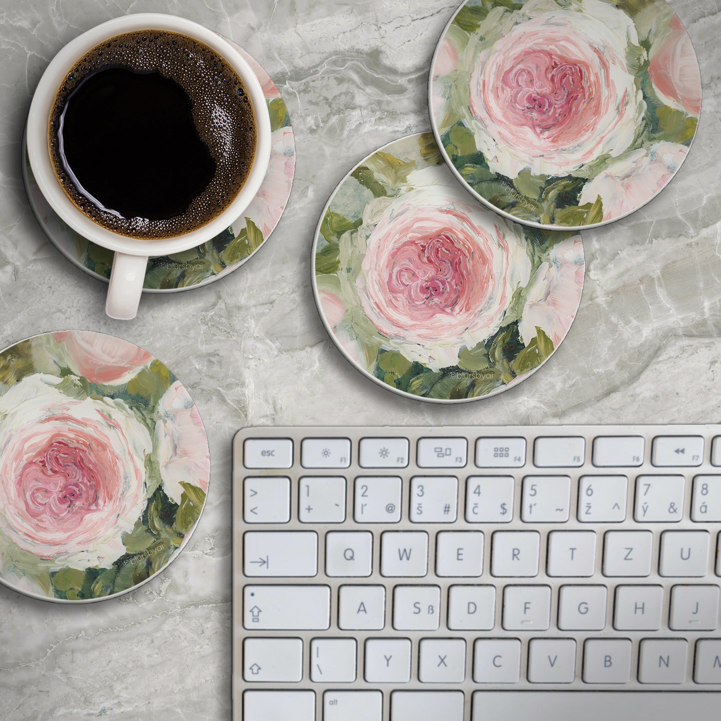 Thirstystone Aged Beauty Floral 4 Pack Absorbent Stone Coasters 4" Diameter Manufactured in the USA