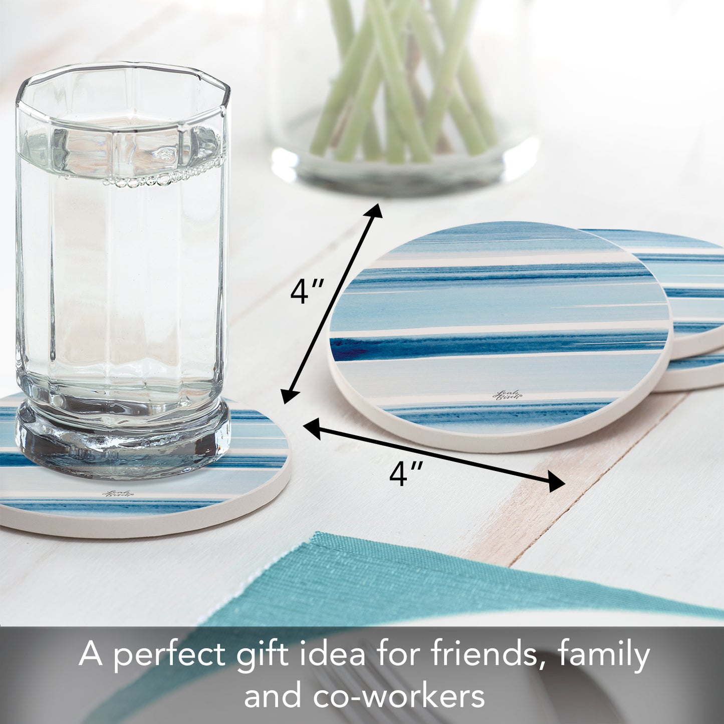 Thirstystone Ocean Tides 4 Pack Round Absorbent Stone Coasters 4" Diameter Manufactured in the USA