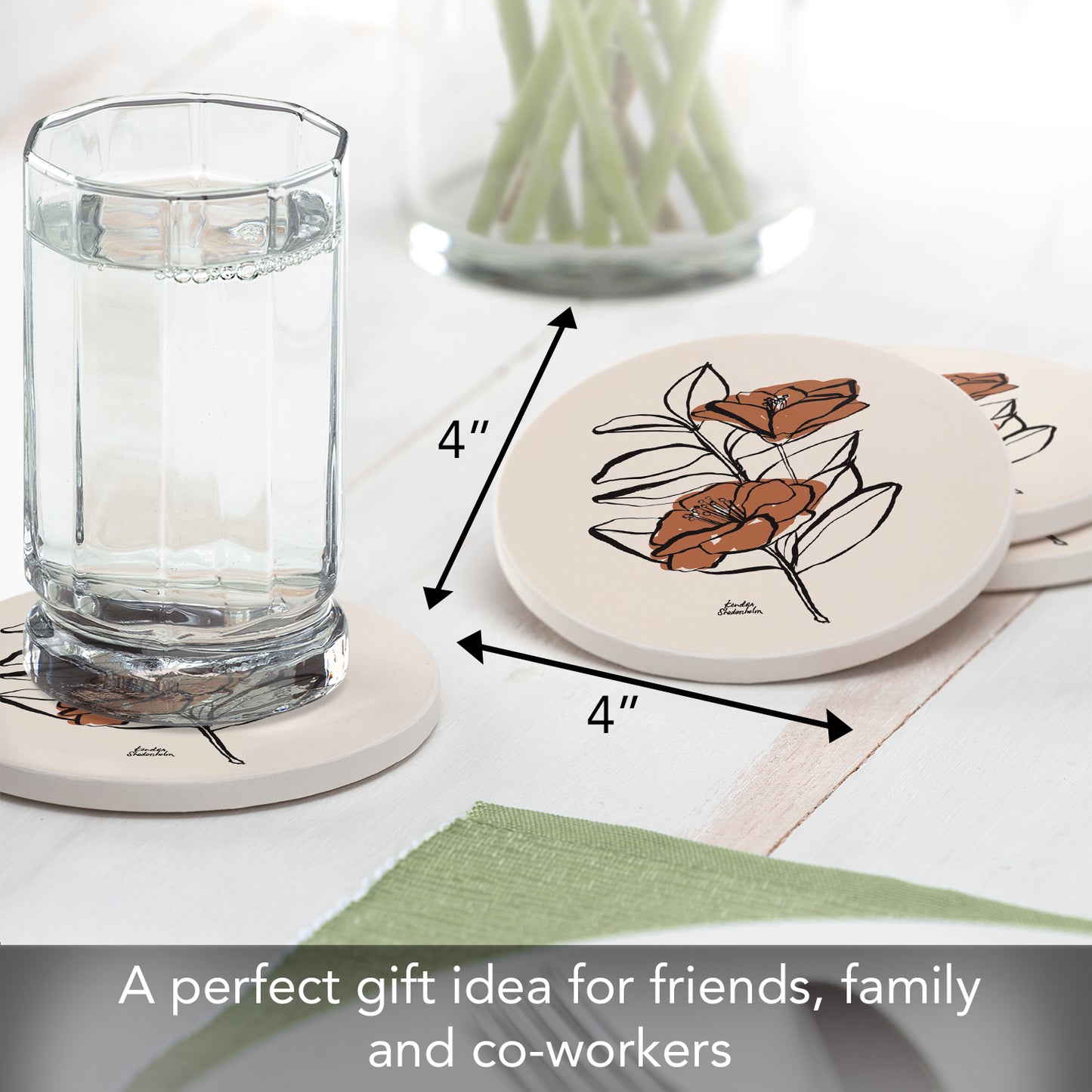 Thirstystone Mocha Flower 4 Pack Round Absorbent Stone Coasters 4" Diameter