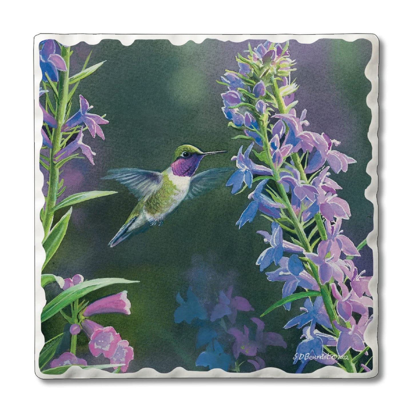 Thirstystone Purple Hummingbird Floral Single Tumbled Tile Stone Coaster with Protective Cork Backing Manufactured in The USA 4" Square, Artistic, Easily Wipes Clean