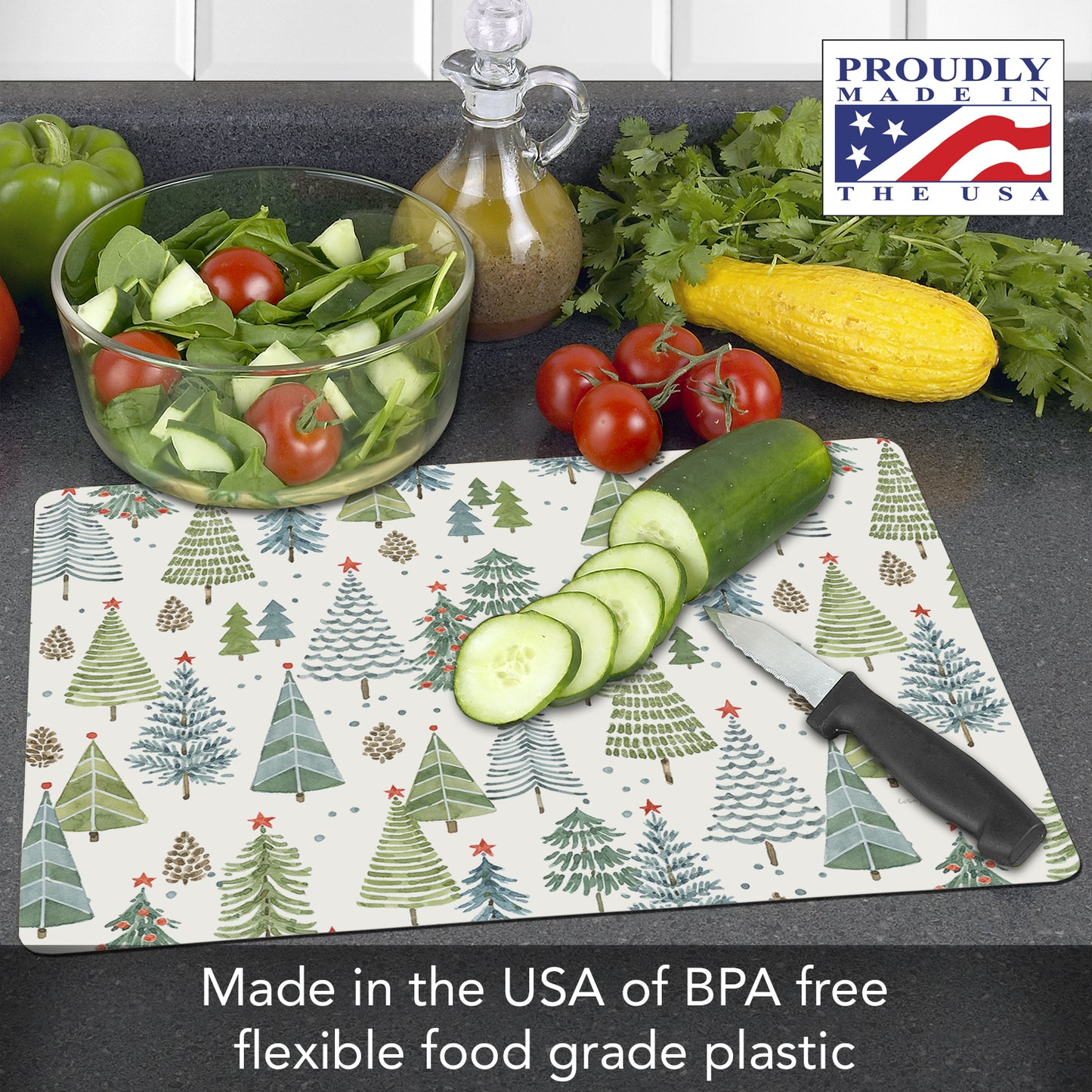 Cut N' Funnel Jolly Trees Designer Flexible Plastic Cutting Board Mat 15" x 11.5", Made in the USA, Decorative, Flexible, Easy to Clean
