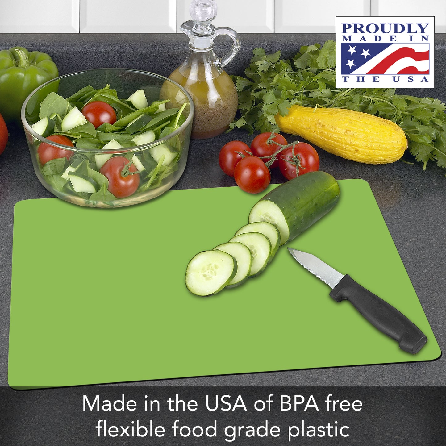 Cut N' Funnel Garden Greenery/Lime Green 2 Pack Designer Flexible Plastic Cutting Board Mat With Coordinating Solid Flex Mat 15" x 11.5", Made in the USA, Decorative, Flexible, Easy to Clean