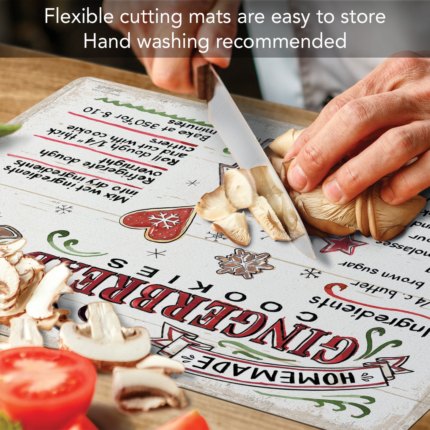 Cut N' Funnel Gingerbread/Dark Red 2 Pack Designer Flexible Plastic Cutting Board Mat with Coordinating Solid Flex Mat 15" x 11.5", Made in the USA, Decorative, Flexible, Easy to Clean